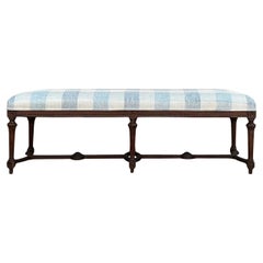 19th-C. French Louis XVI Style Fruitwood Bench / Ottoman In Blue & White Check