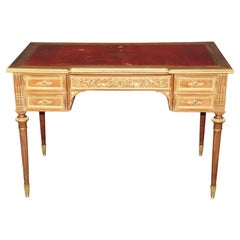 19th c French Louis XVI Style Leather top and Bronze Ormolu Desk with Pull Panel