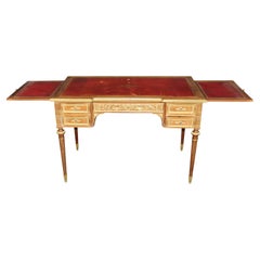19th c French Louis XVI Style Leather top and Bronze Ormolu Desk with Pull Panel