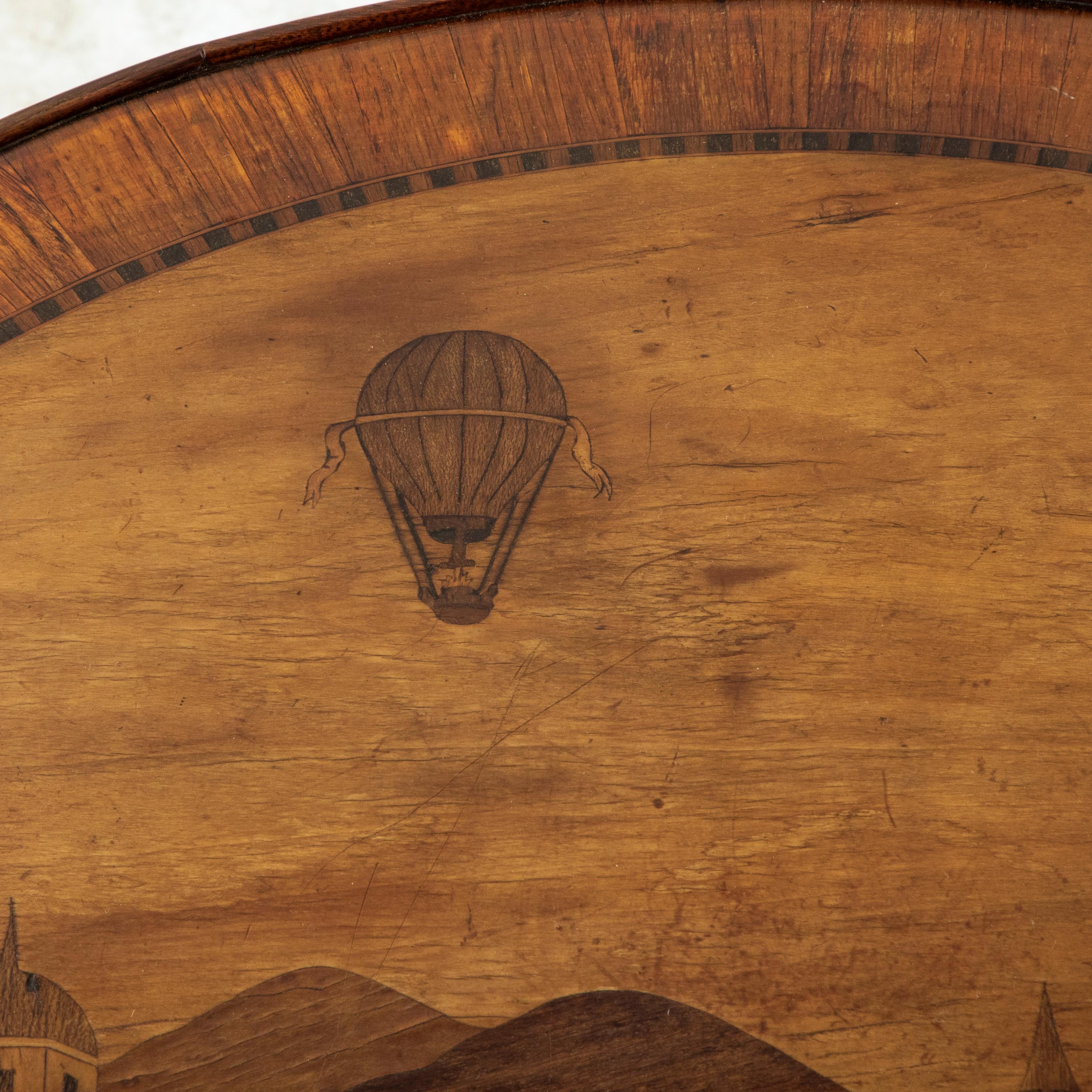 19th C. French Louis XVI Style Rosewood Side Table, Inlaid Hot Air Balloon Scene For Sale 8