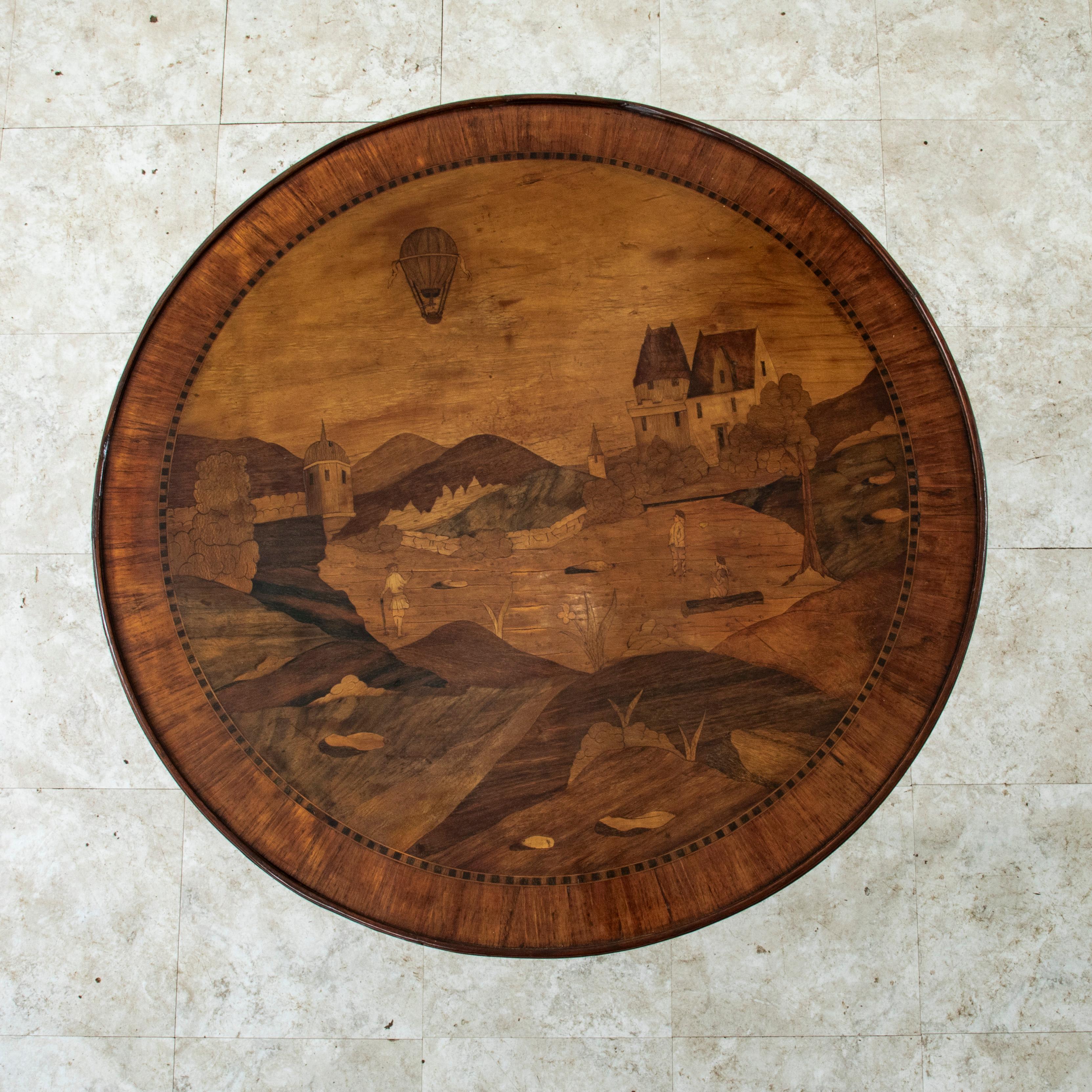 Inlay 19th C. French Louis XVI Style Rosewood Side Table, Inlaid Hot Air Balloon Scene For Sale