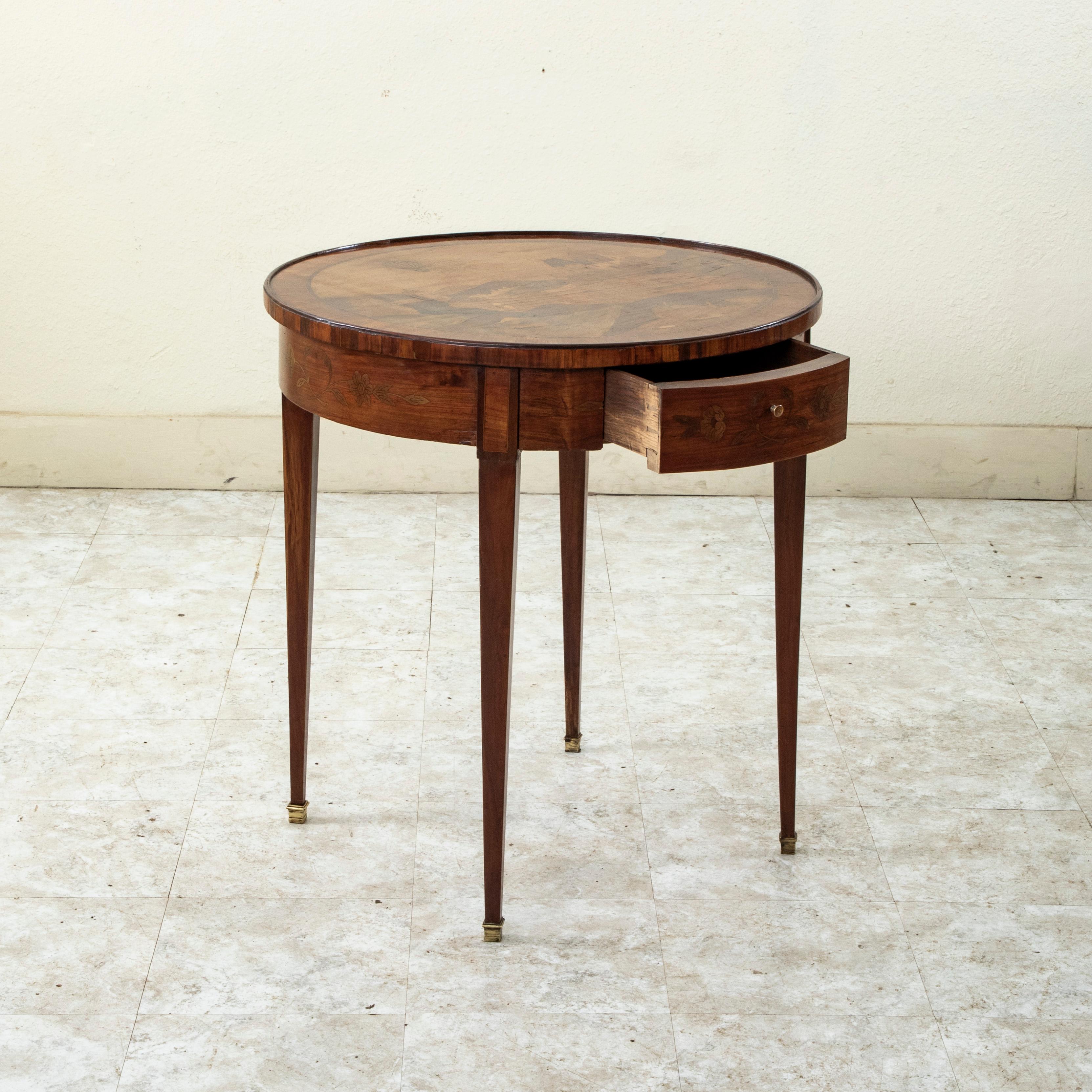 19th C. French Louis XVI Style Rosewood Side Table, Inlaid Hot Air Balloon Scene For Sale 2