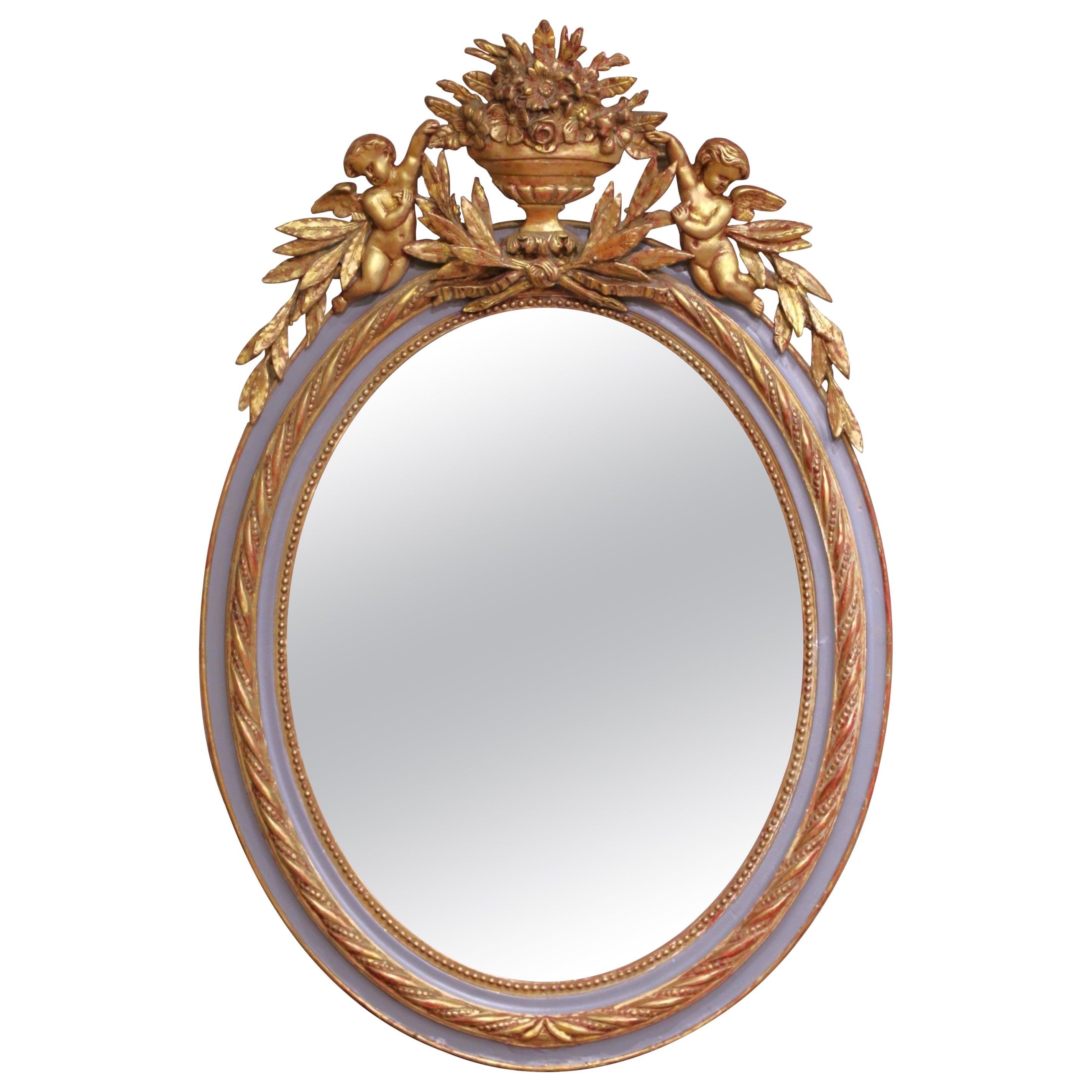 19th C. French Louis XVI Two-Tone Gilt and Painted Oval Wall Mirror with Cherubs