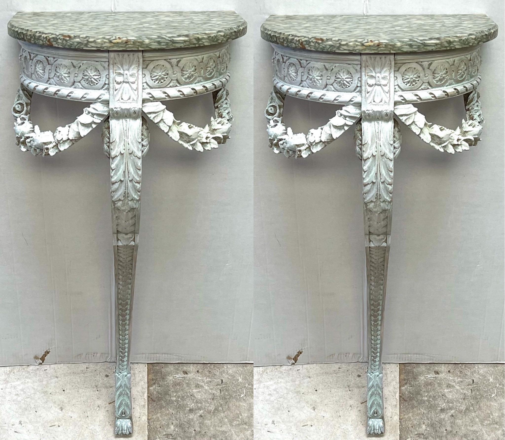 19th-C. French Lymed Marble Top Console Tables W/ Carved Barbola Swags -Pair 5