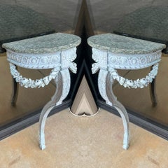 19th-C. French Lymed Marble Top Console Tables W/ Carved Barbola Swags -Pair