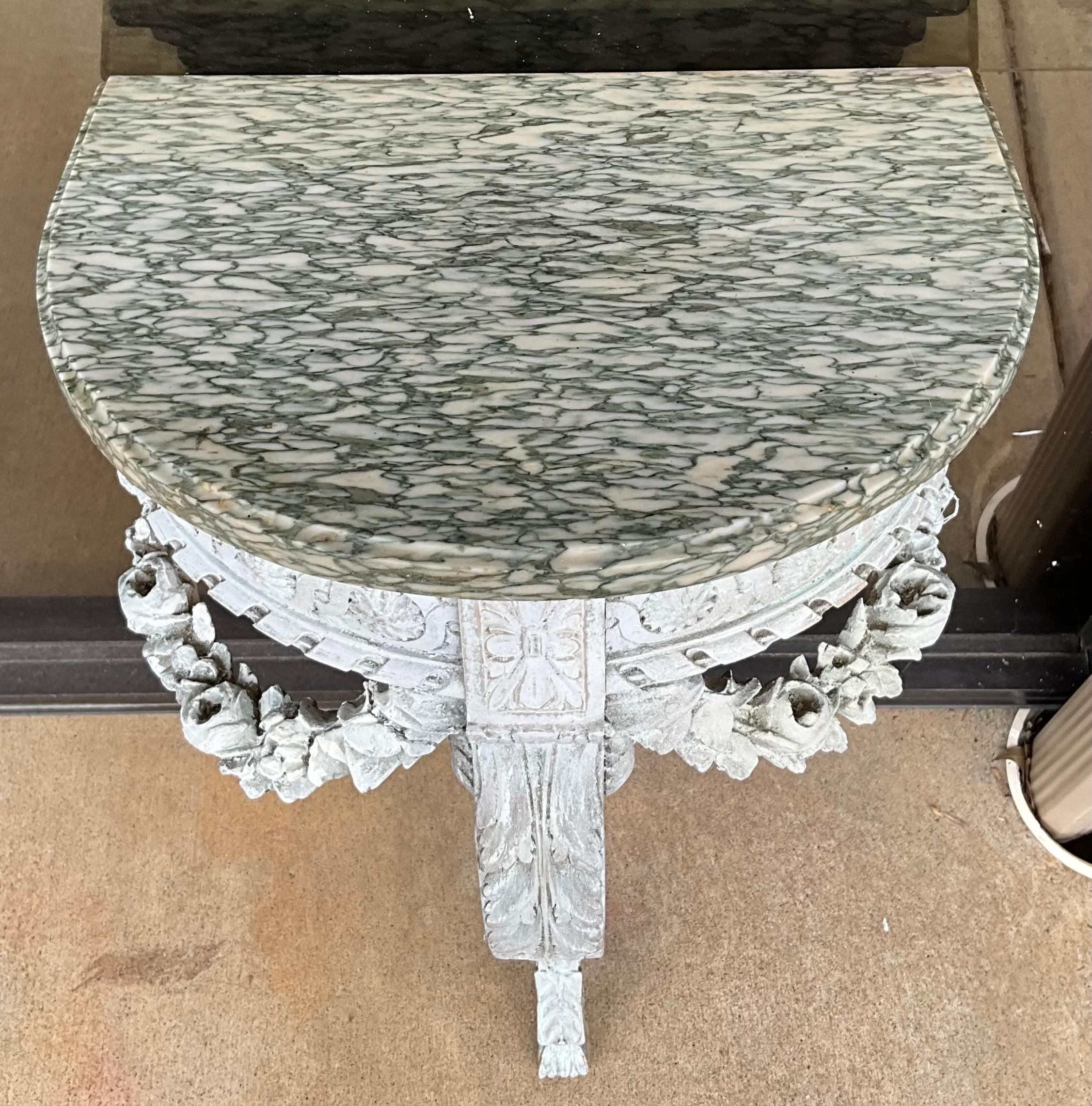 Louis XVI 19th-C. French Lymed Marble Top Console Tables W/ Carved Barbola Swags -Pair