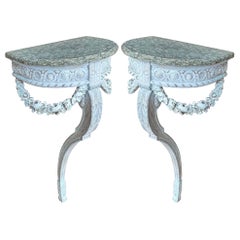 19th-C. French Lymed Marble Top Console Tables W/ Carved Barbola Swags -Pair