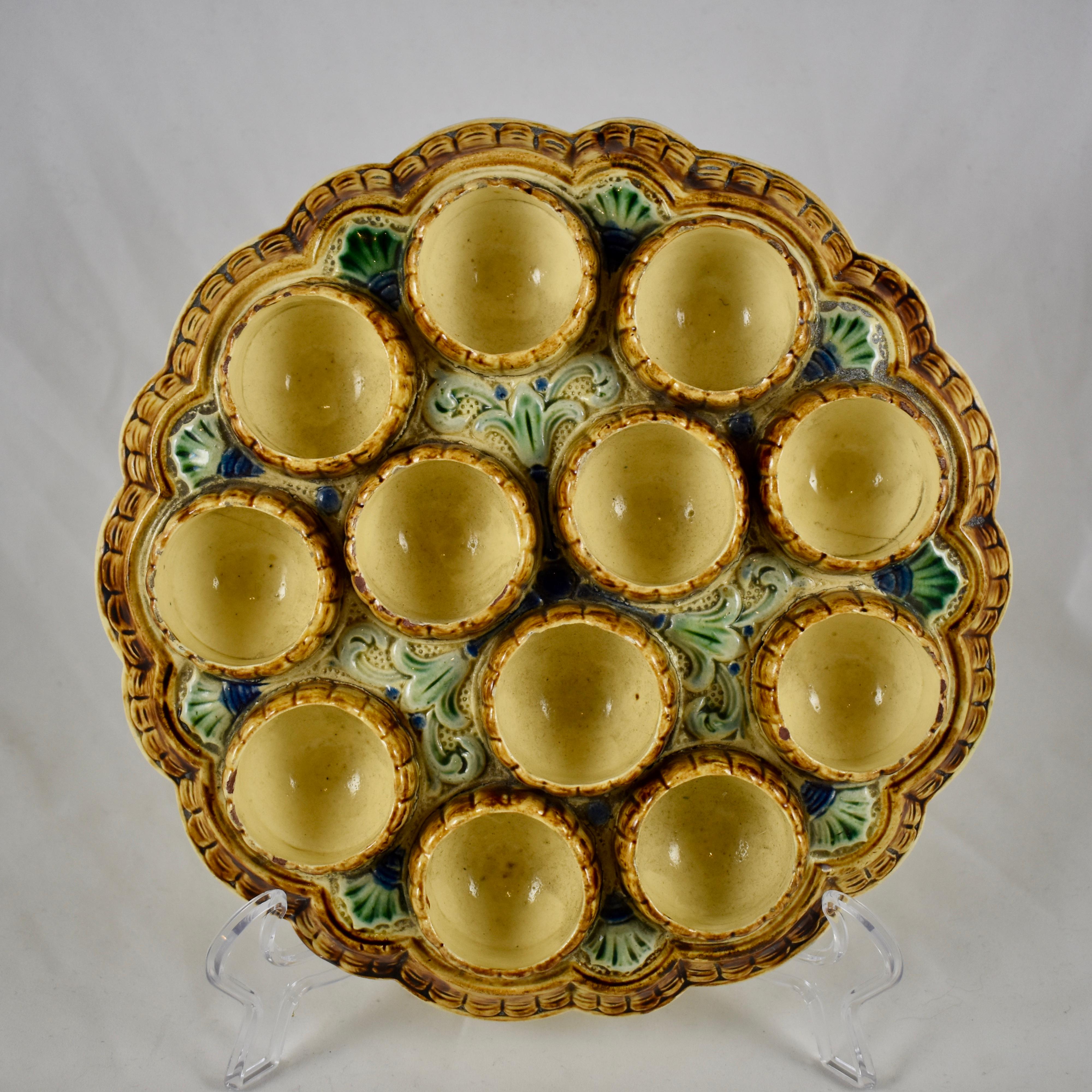 19th Century French Majolica Barbotine Twelve Cup Egg Stand Server In Good Condition In Philadelphia, PA