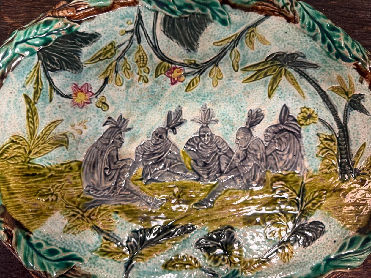 19th Century 19th-C. French Majolica Pottery Platter / Tray - Florida Palms Native Americans For Sale