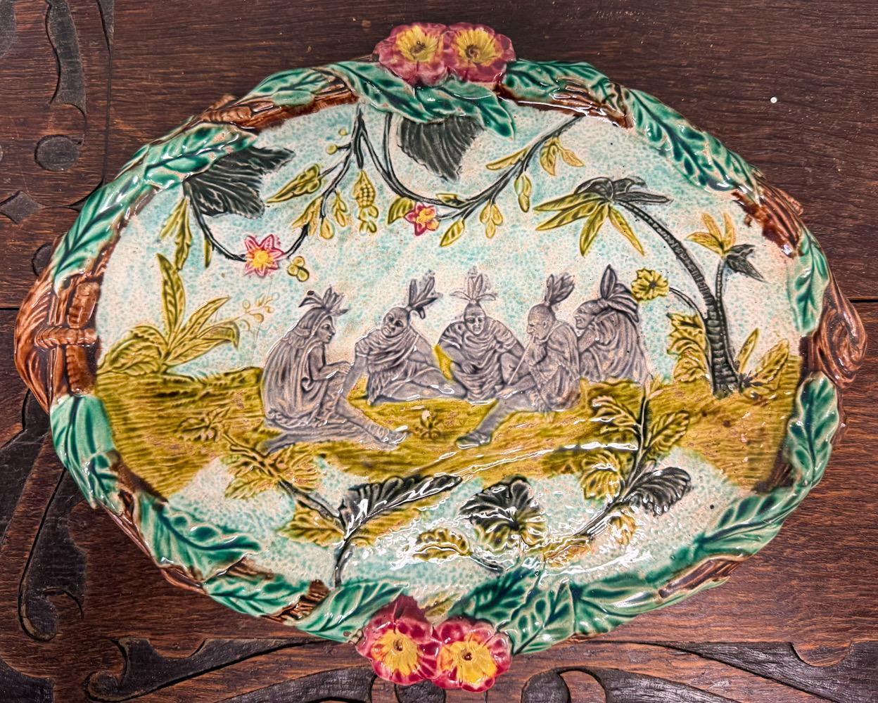 19th-C. French Majolica Pottery Platter / Tray - Florida Palms Native Americans For Sale 1