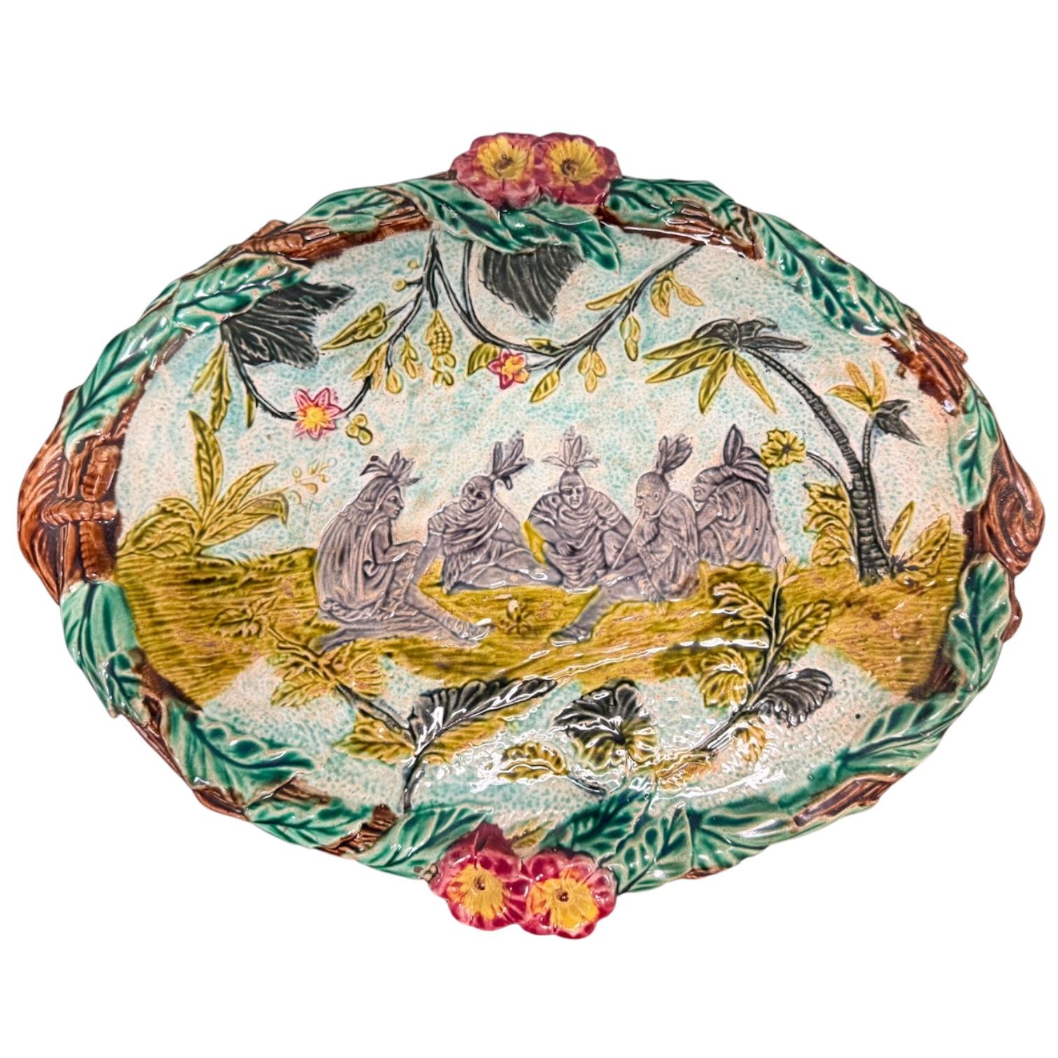 19th-C. French Majolica Pottery Platter / Tray - Florida Palms Native Americans For Sale 3