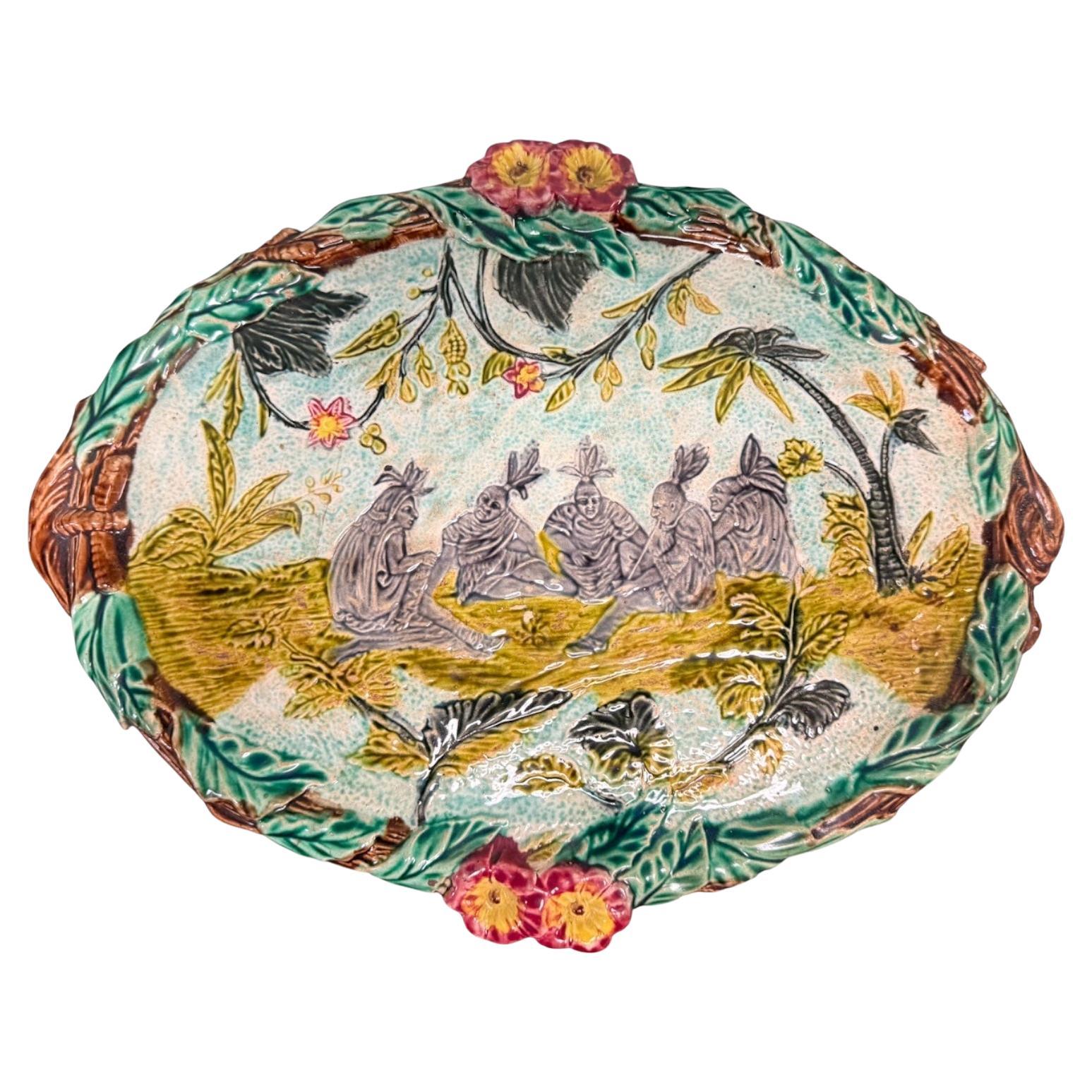 19th-C. French Majolica Pottery Platter / Tray - Florida Palms Native Americans For Sale