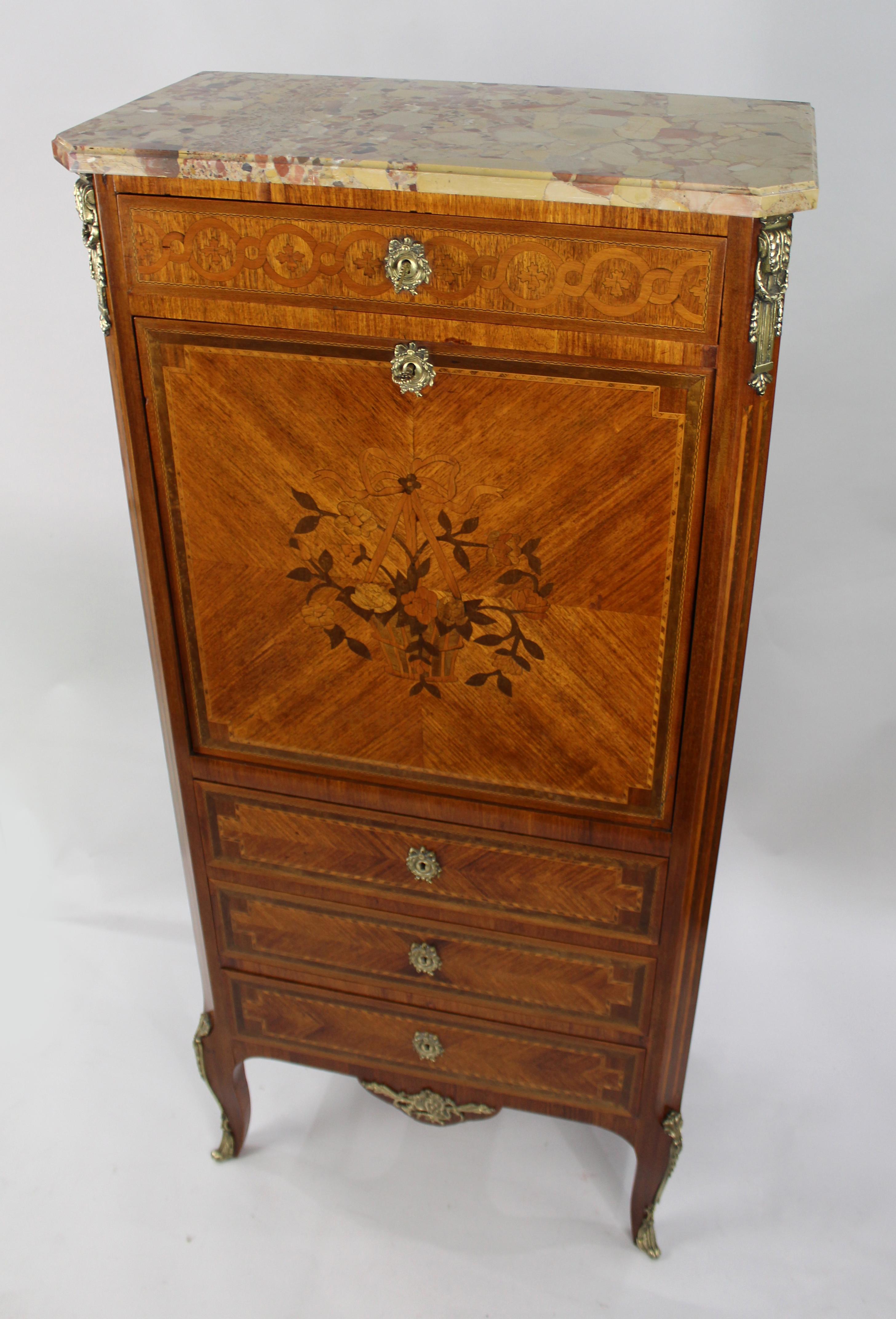 19th c. French marble topped Inlaid Escritoire


Original Breche d' Alep marble top. Upper drawer. Fall front opening to reveal leather writing surface. Shelf space and four drawers to the inside

Three further drawers to the lower body.

The