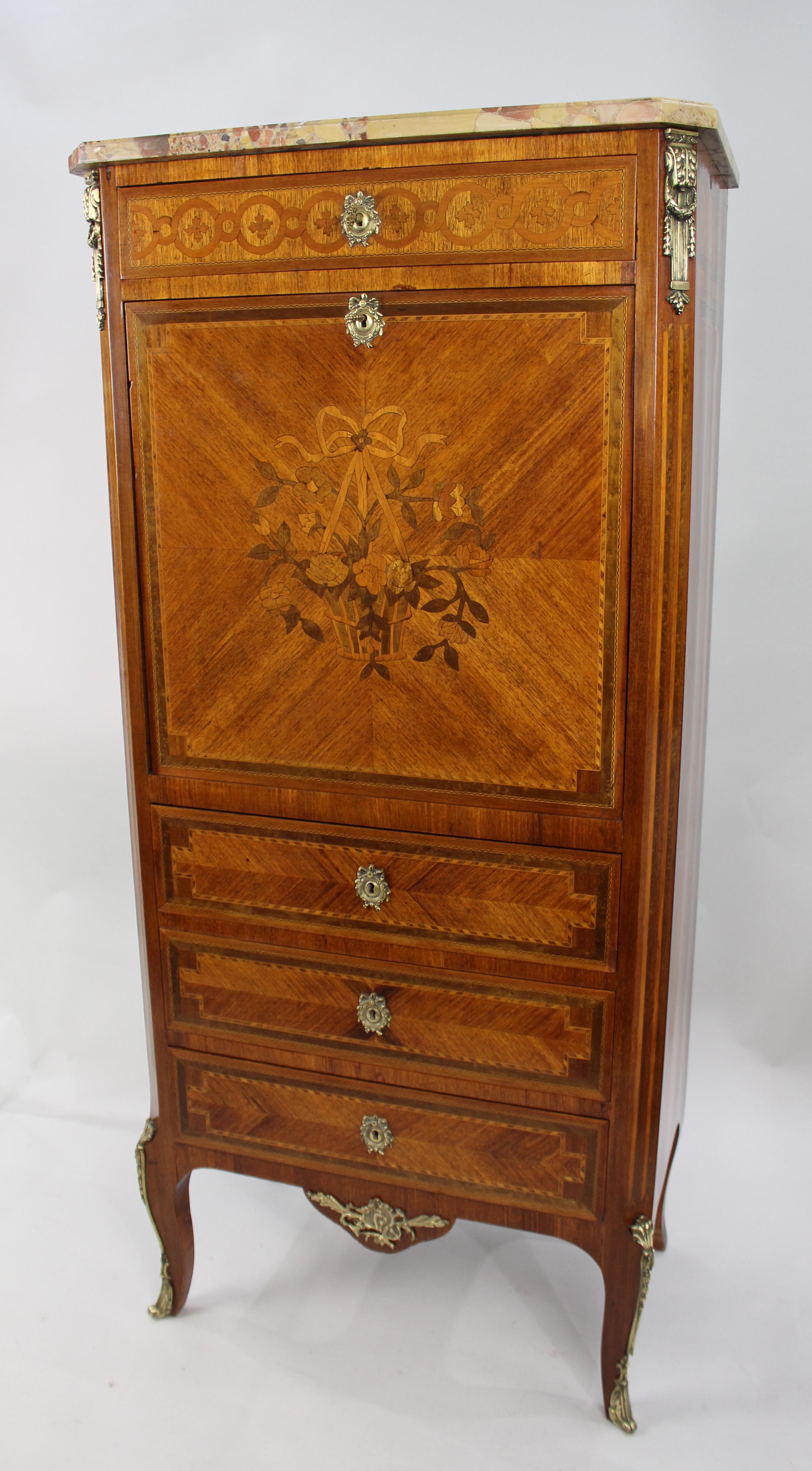 19th c. French Marble Topped Inlaid Escritoire In Good Condition For Sale In Worcester, GB