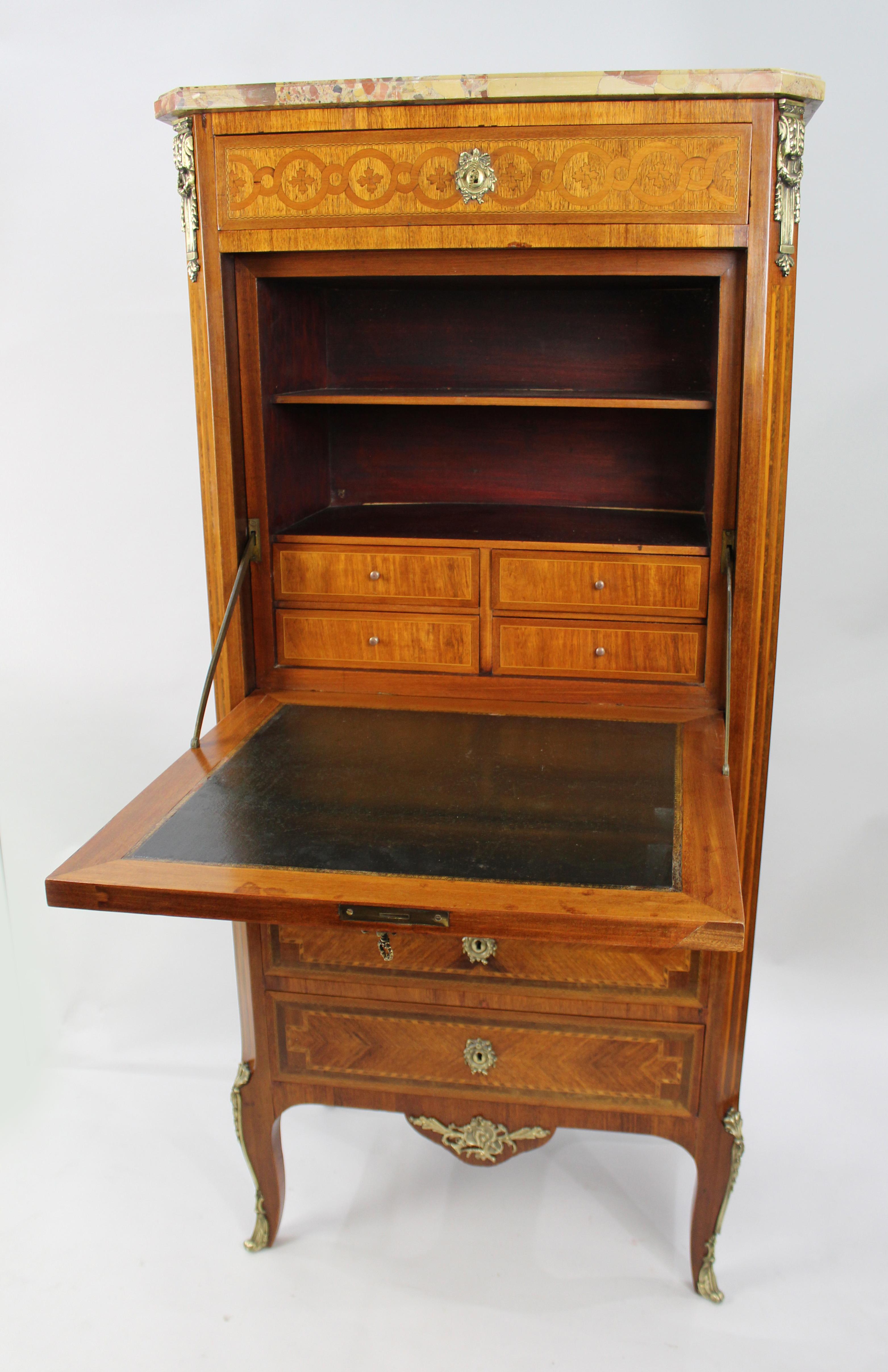 19th c. French Marble Topped Inlaid Escritoire For Sale 3