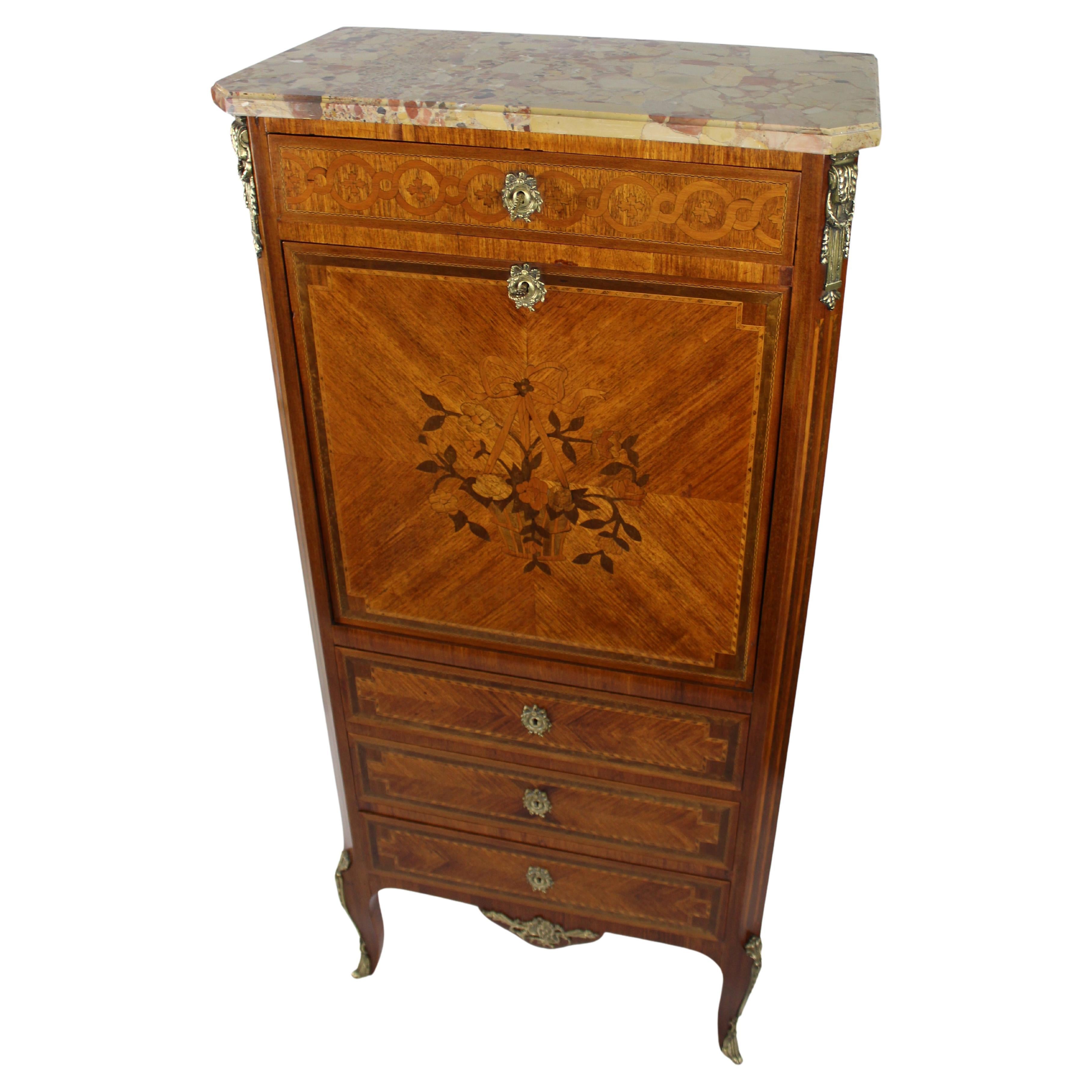 19th c. French Marble Topped Inlaid Escritoire For Sale