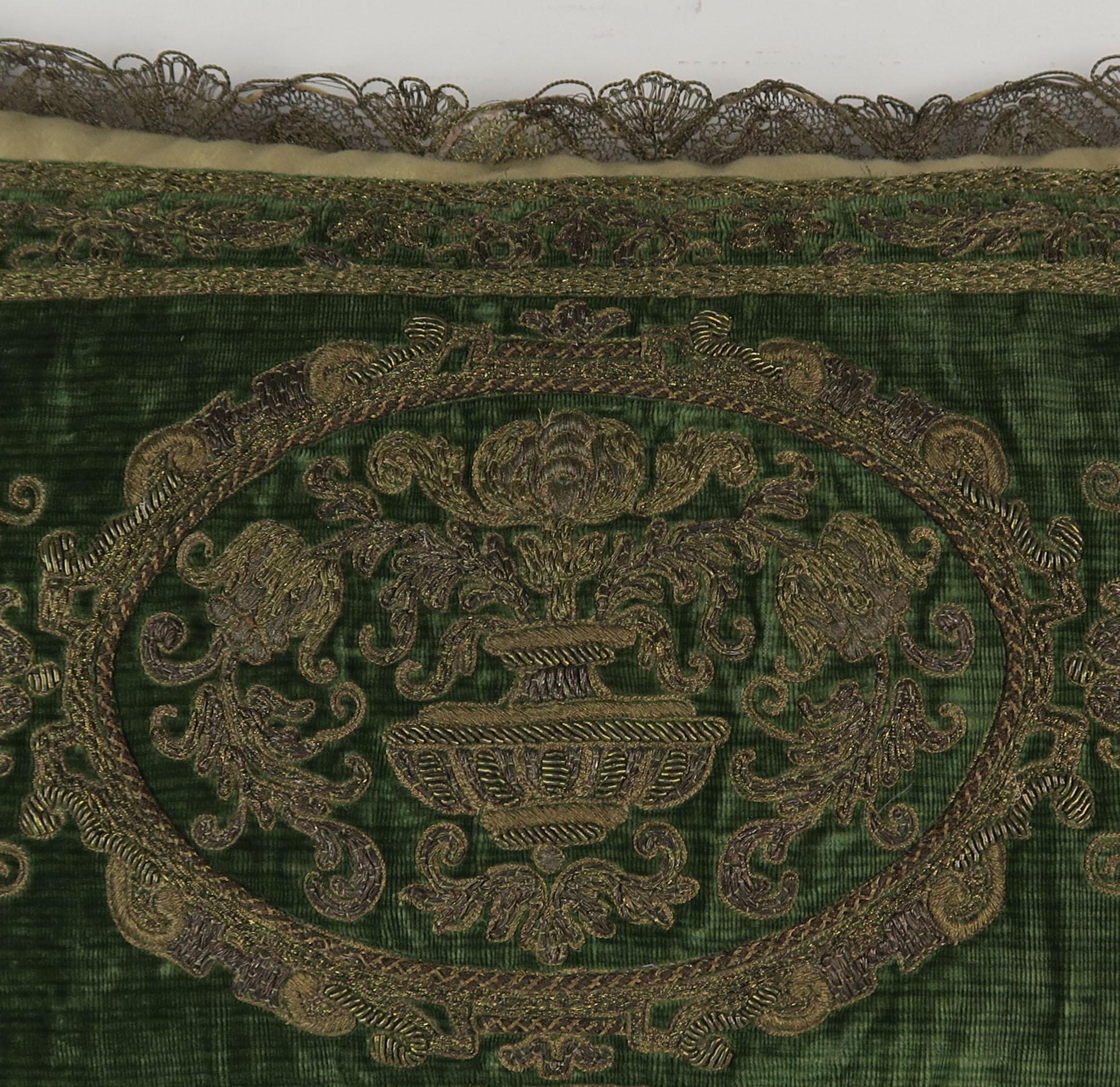 Baroque French Metallic Embroidered Silk Velvet Pillow with Metallic Tassels