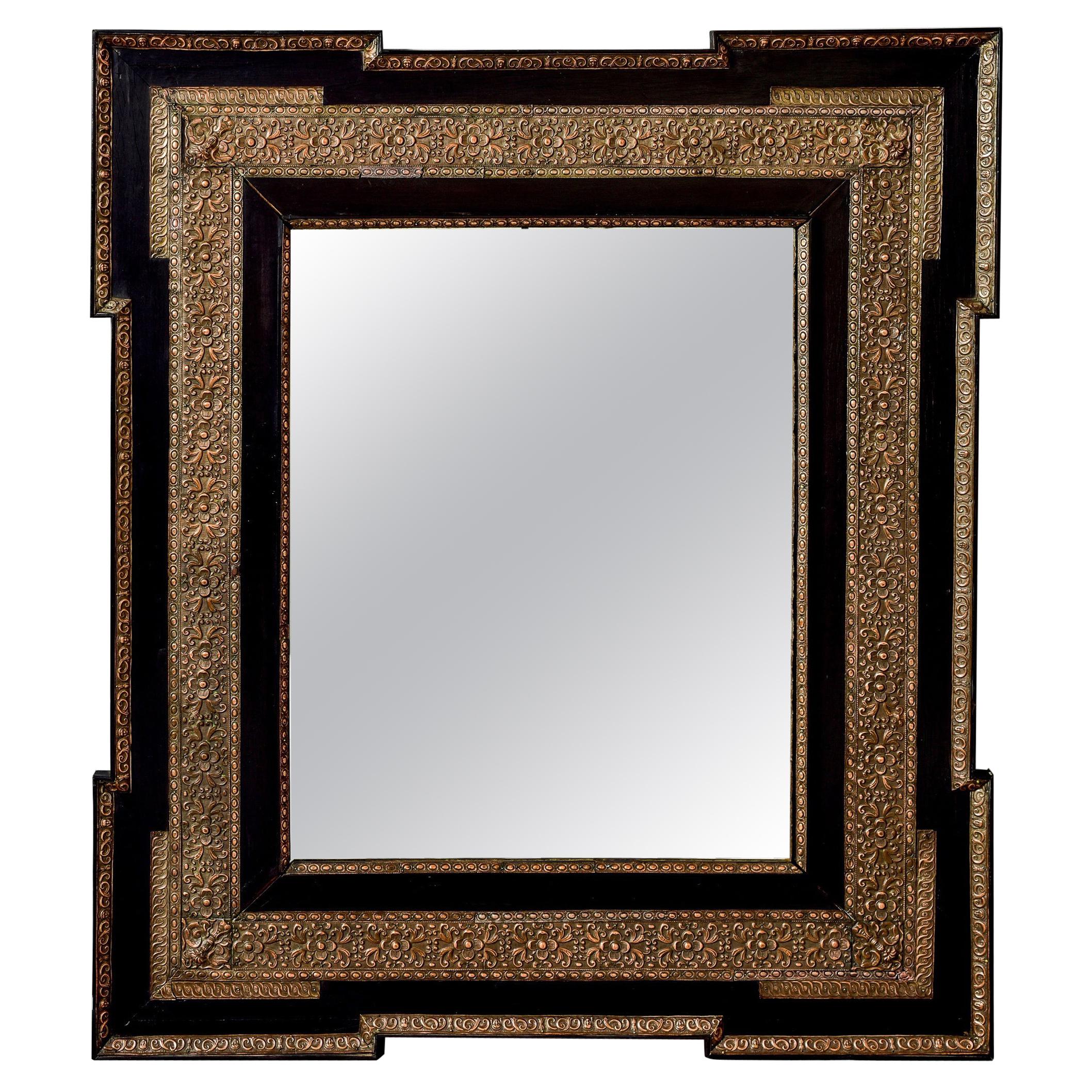 19th C French Mirror with Black and Pressed Metal Frame For Sale