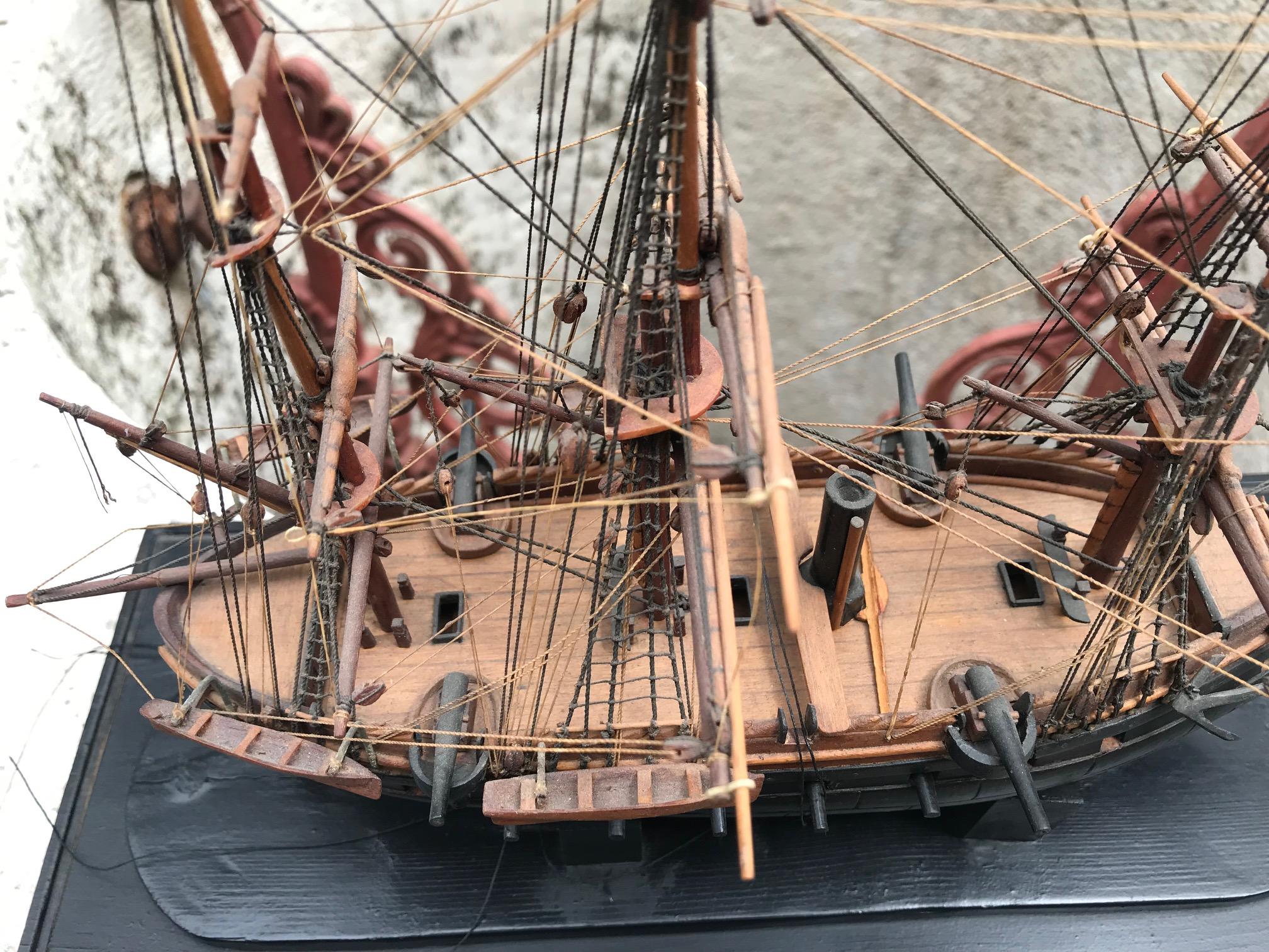 19th Century French Model Carved Battle Ship & Miniature Decorative Sculpture Antiques LA CA 