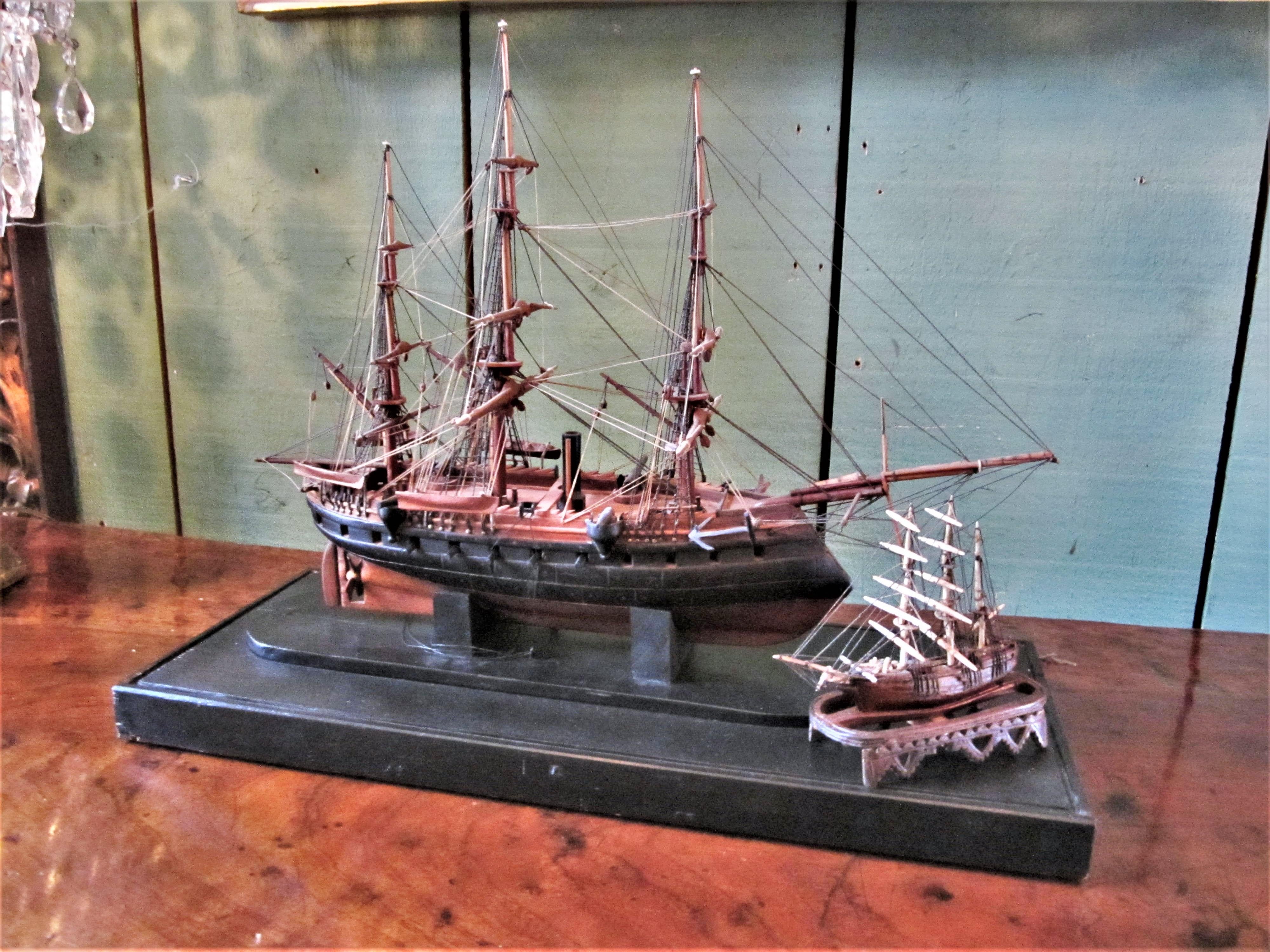 French Model Carved Battle Ship & Miniature Decorative Sculpture Antiques LA CA  1
