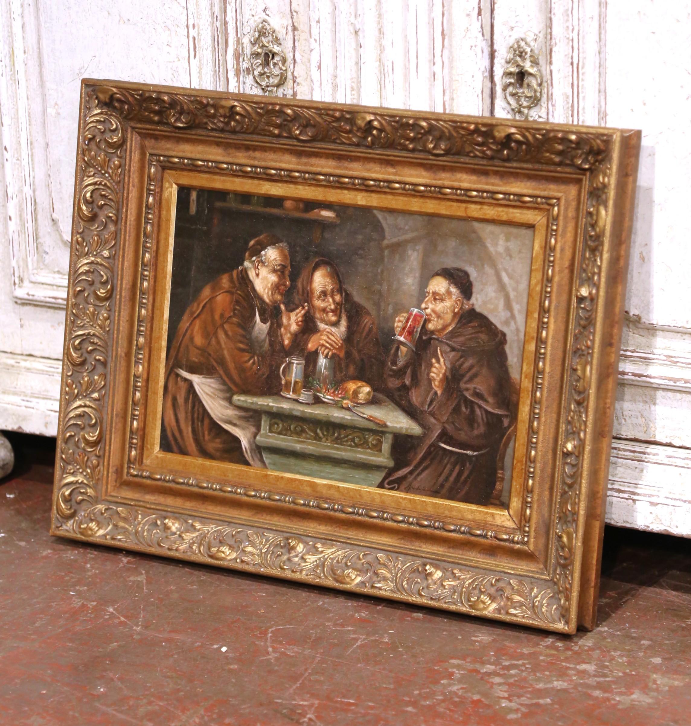 Bring warmth and humor to your collection with this finely executed 19th-century oil painting on board. Created in France circa 1870, the composition takes place in a cozy tavern setting and captures a lively moment of camaraderie among three jovial