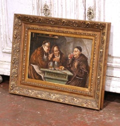 19th C. French “Monks Drinking” Oil on Board Painting in Carved Gilt Frame