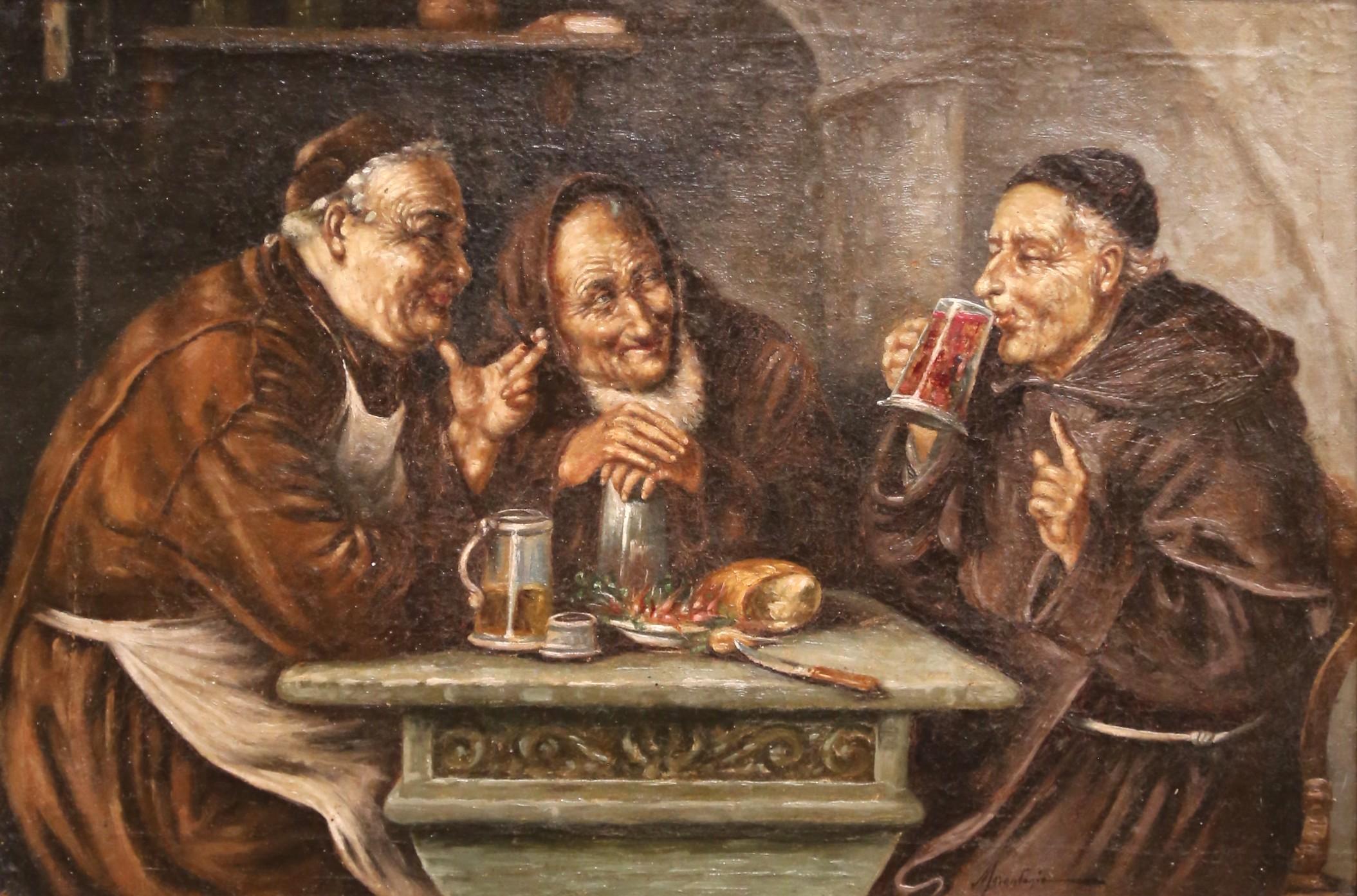19th C. French “Monks Drinking” Oil on Board Painting in Carved Gilt Frame In Excellent Condition For Sale In Dallas, TX
