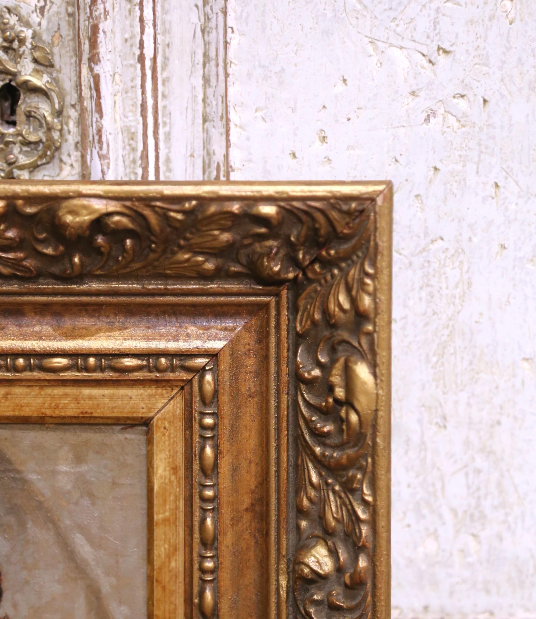 Giltwood 19th C. French “Monks Drinking” Oil on Board Painting in Carved Gilt Frame For Sale