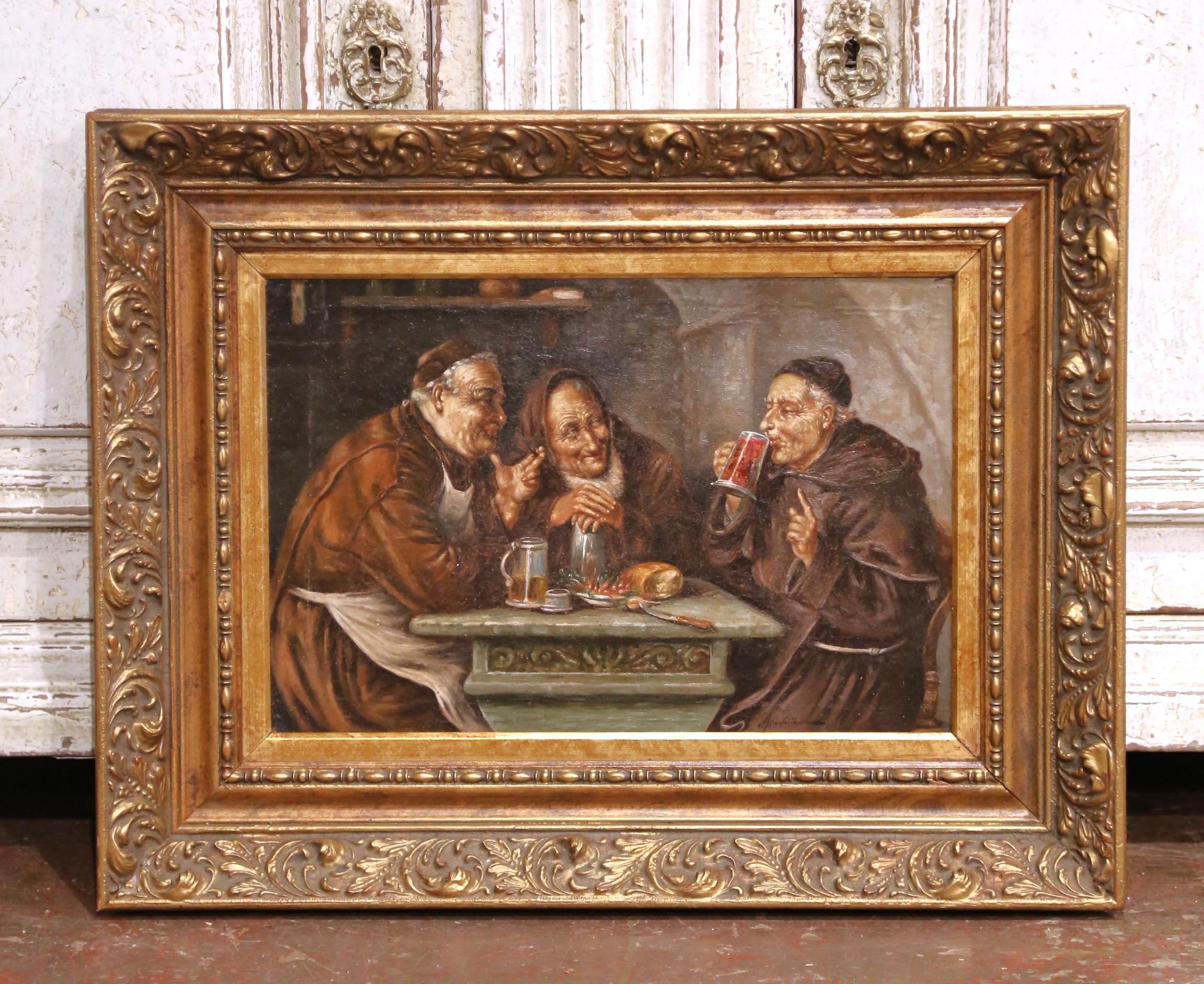 19th C. French “Monks Drinking” Oil on Board Painting in Carved Gilt Frame For Sale 1