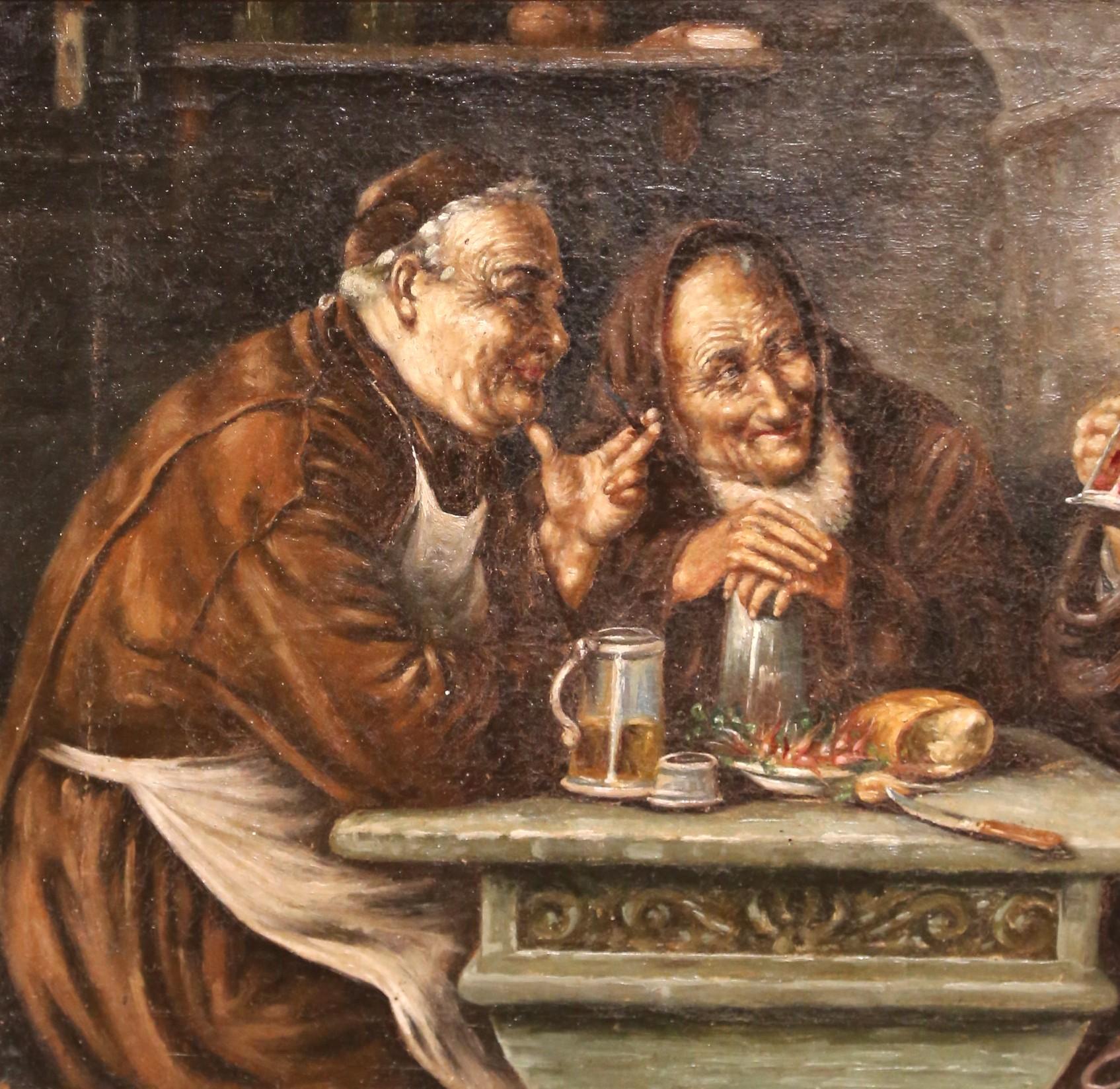 19th C. French “Monks Drinking” Oil on Board Painting in Carved Gilt Frame For Sale 2