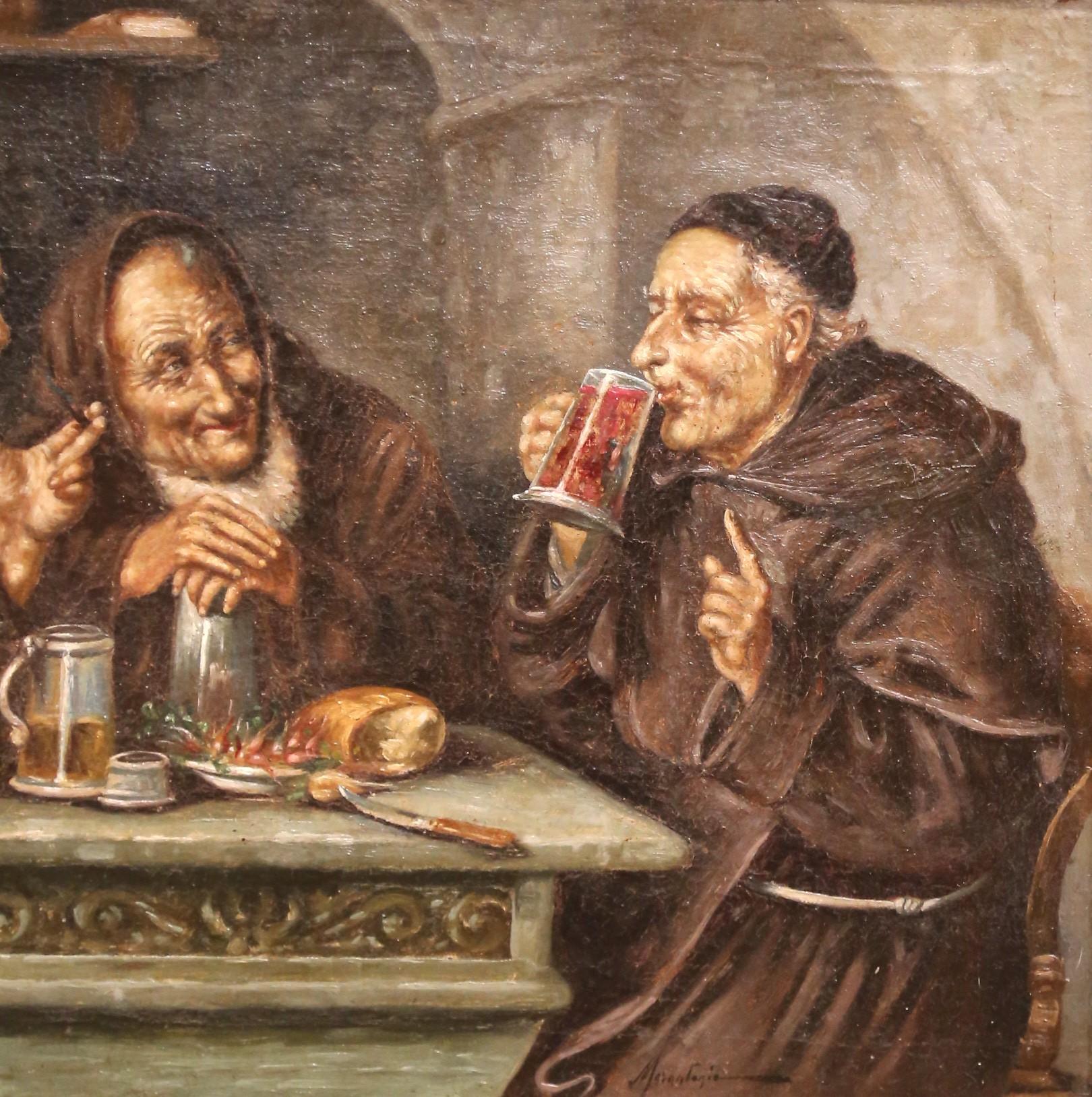 19th C. French “Monks Drinking” Oil on Board Painting in Carved Gilt Frame For Sale 3