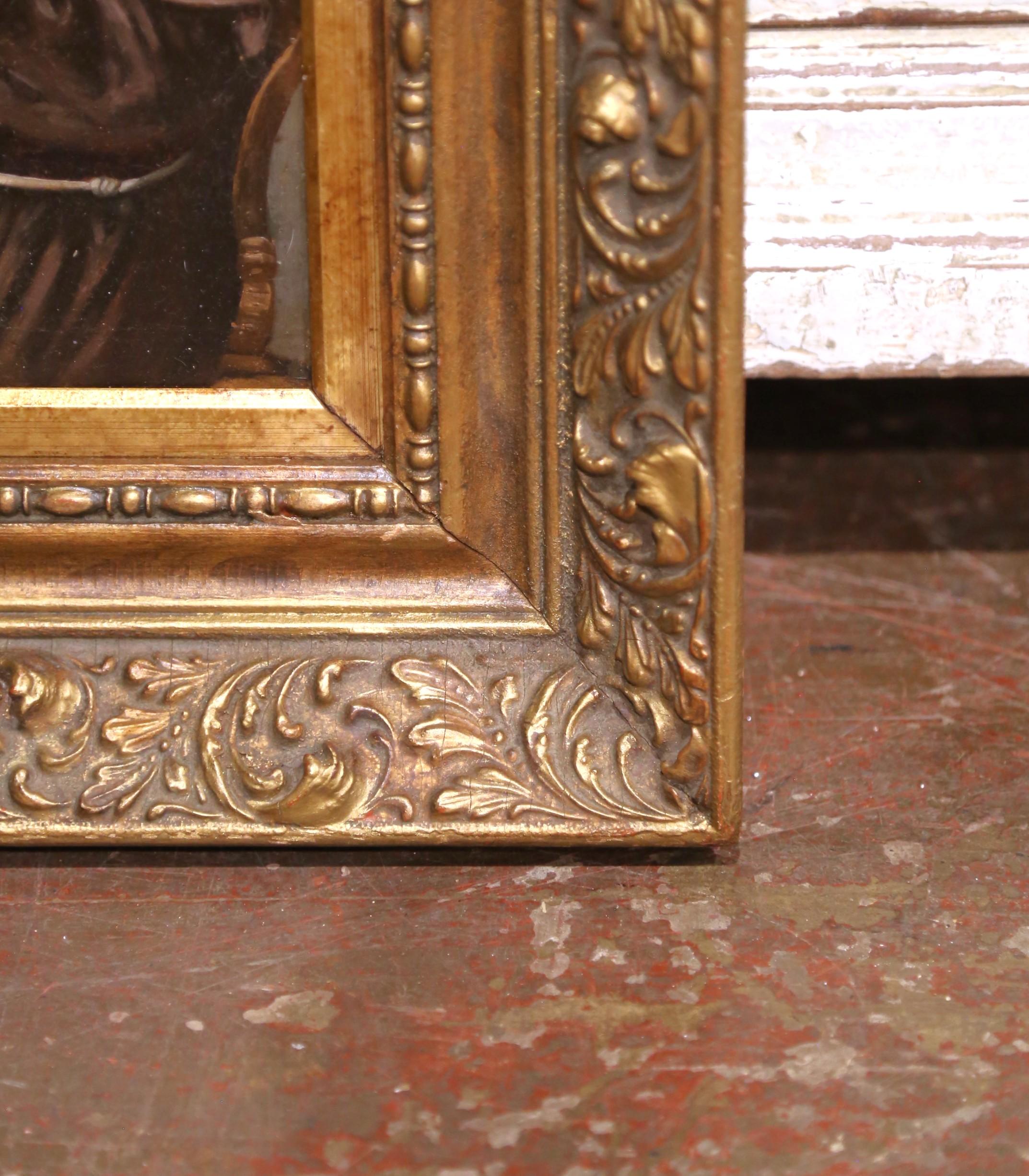 19th C. French “Monks Drinking” Oil on Board Painting in Carved Gilt Frame For Sale 4