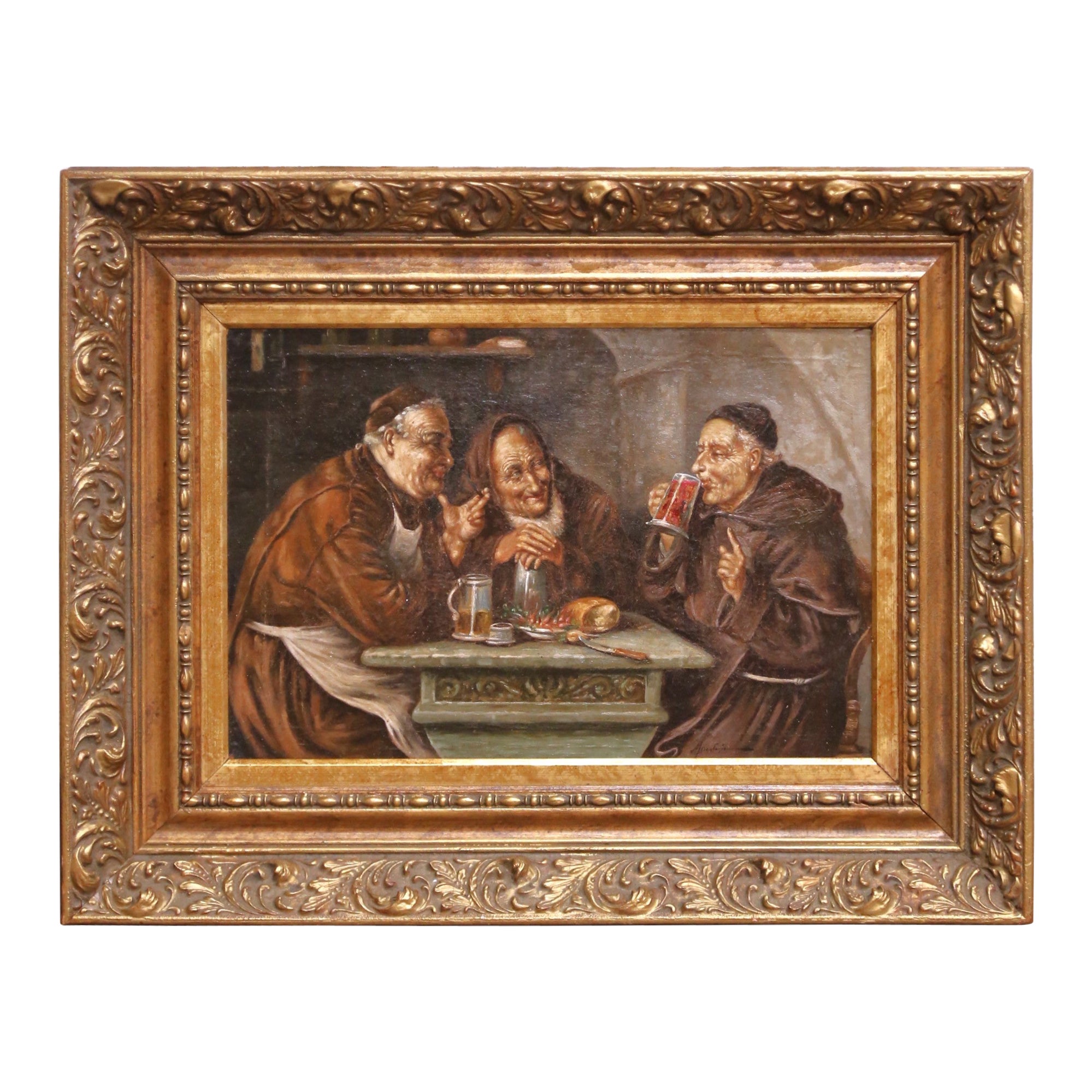 19th C. French “Monks Drinking” Oil on Board Painting in Carved Gilt Frame For Sale
