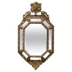 19th C. French Napoleon III Octagonal Repoussé Brass Mirror with Beveled Glass