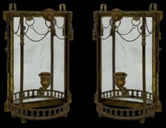 19th-C. French Napoleonic Brass & Curved Glass Mirrored Sconces Lion Mask - Pair