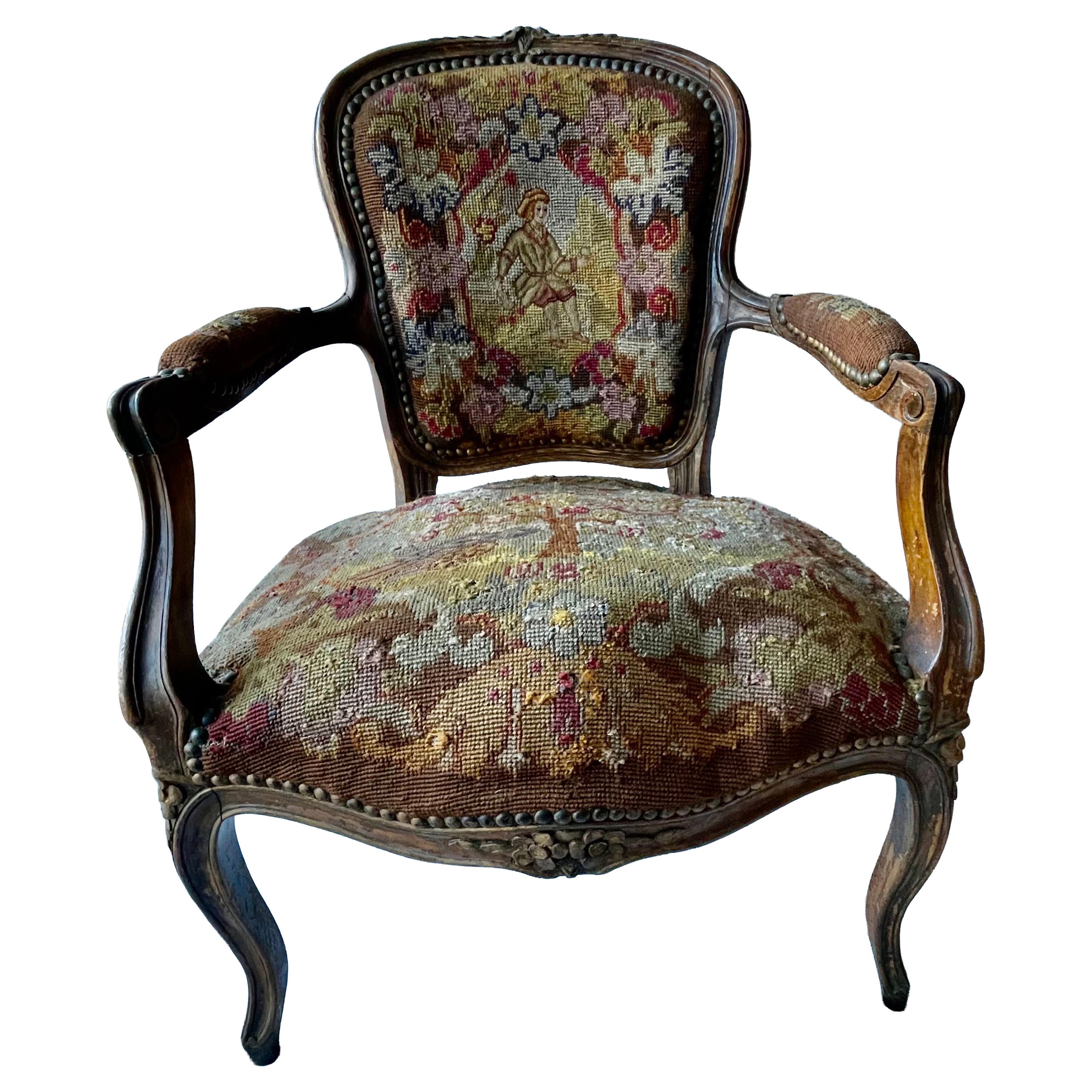 19th C French Needlepoint Carved Diminutive Fauteuil en venta