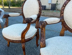 19th-C. French Neo-Classical Carved Walnut Bergere Chairs with Rams, Pair