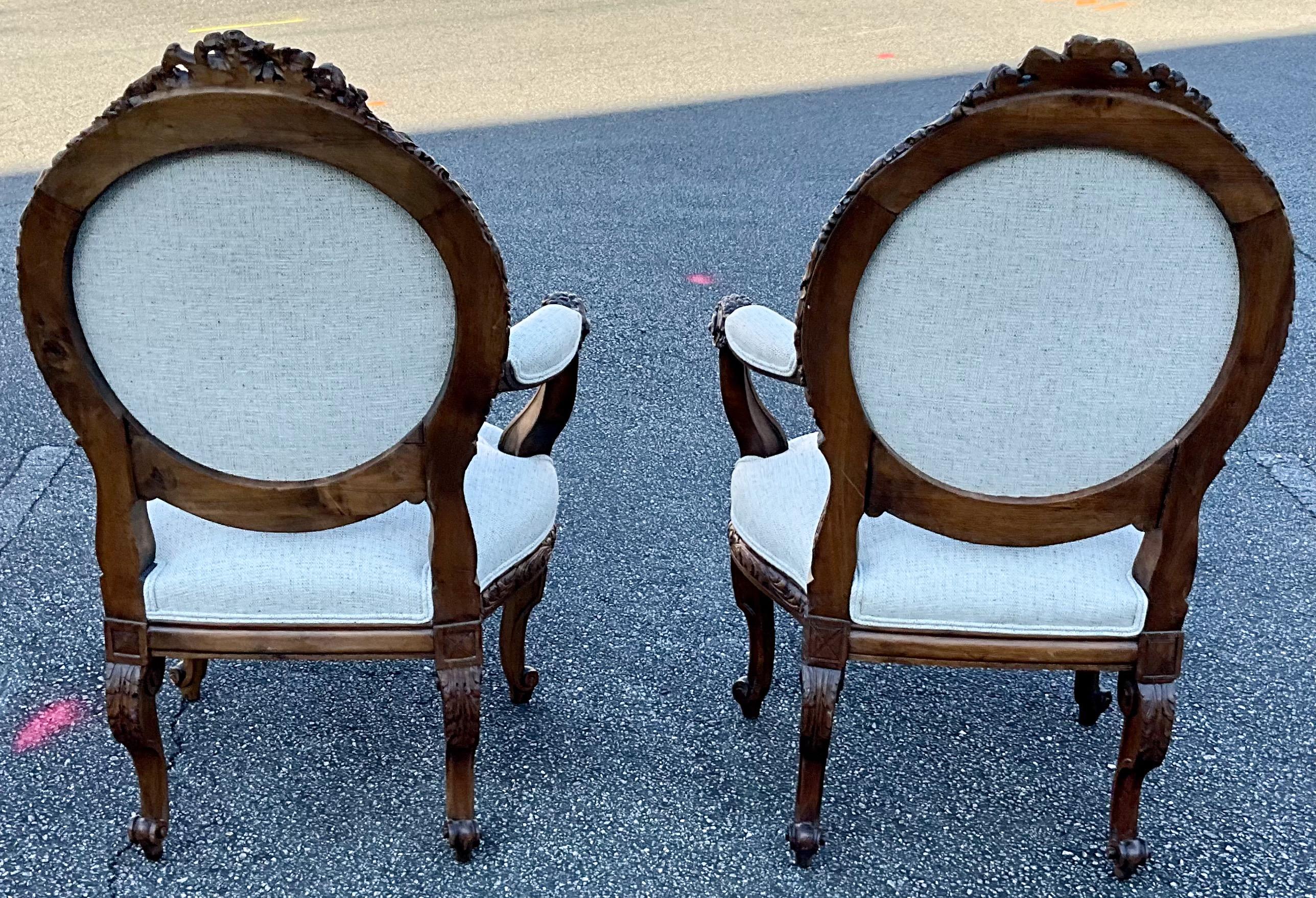 Neoclassical 19th-C. French Neo-Classical Carved Walnut Bergere Chairs with Rams, Pair For Sale