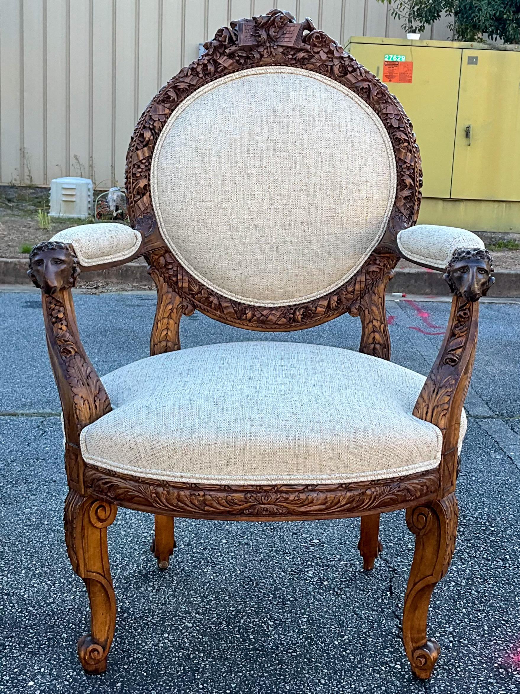 19th-C. French Neo-Classical Carved Walnut Bergere Chairs with Rams, Pair In Good Condition For Sale In Kennesaw, GA