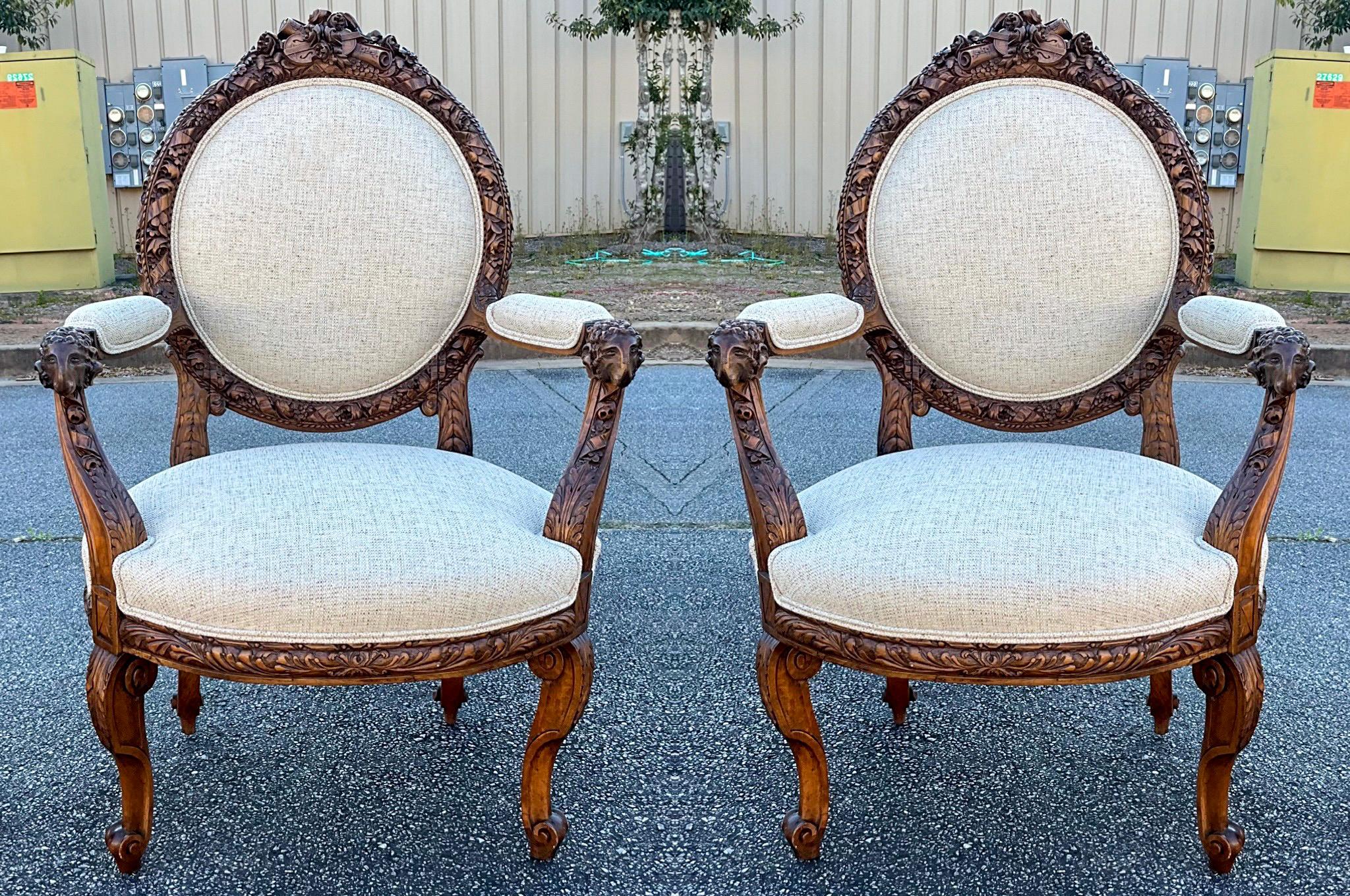 19th Century 19th-C. French Neo-Classical Carved Walnut Bergere Chairs with Rams, Pair For Sale