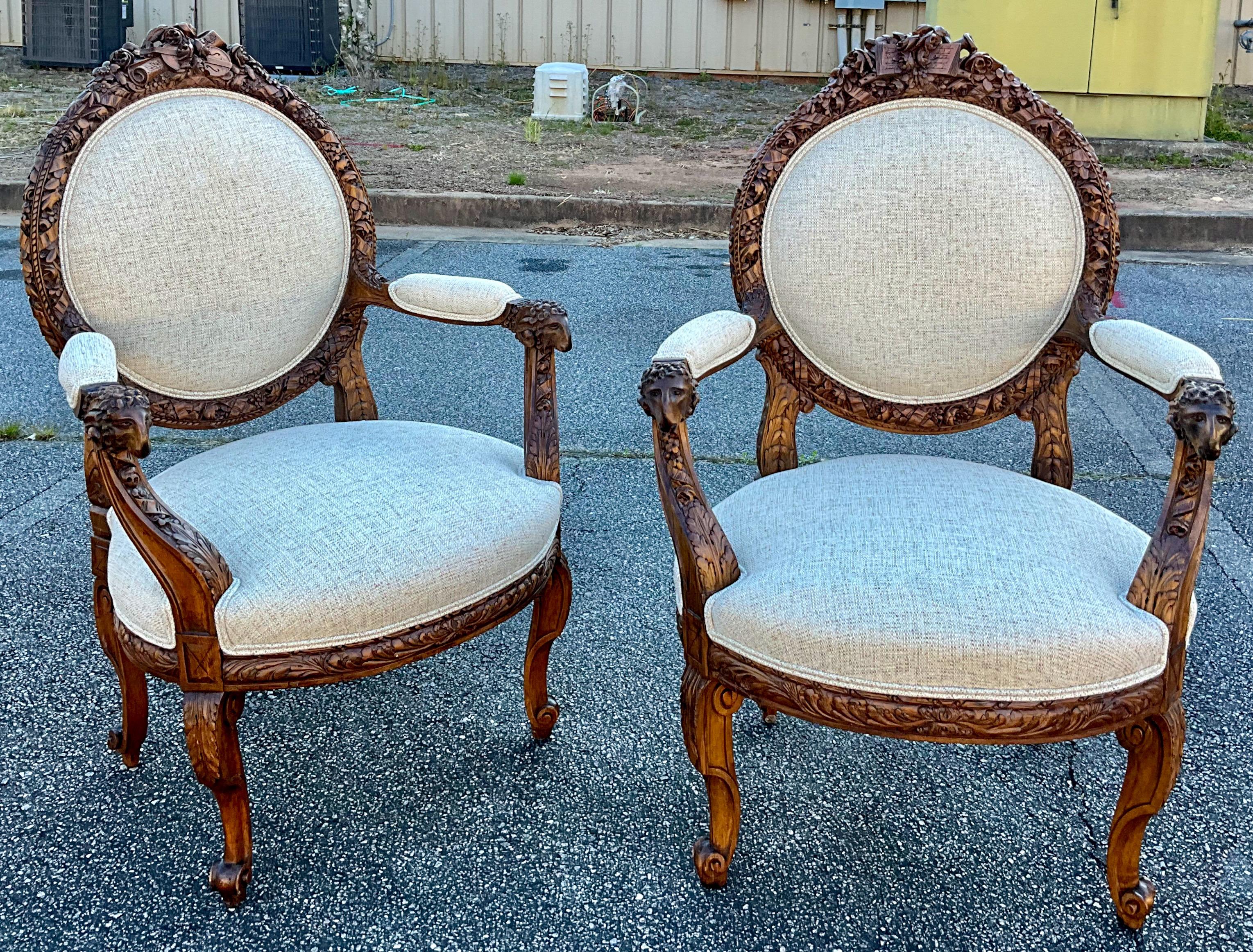 Upholstery 19th-C. French Neo-Classical Carved Walnut Bergere Chairs with Rams, Pair For Sale