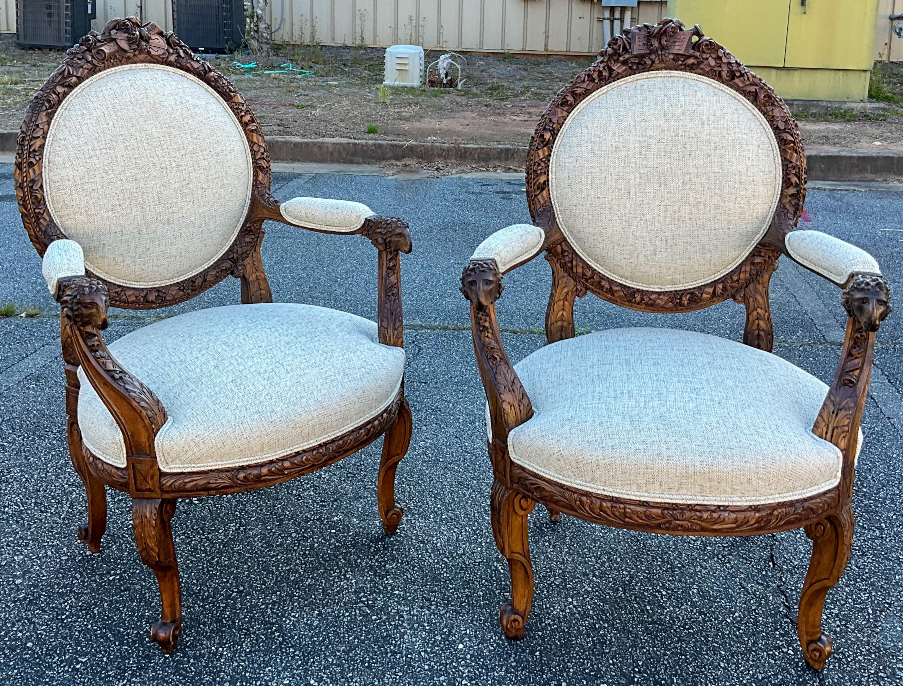 19th-C. French Neo-Classical Carved Walnut Bergere Chairs with Rams, Pair For Sale 2