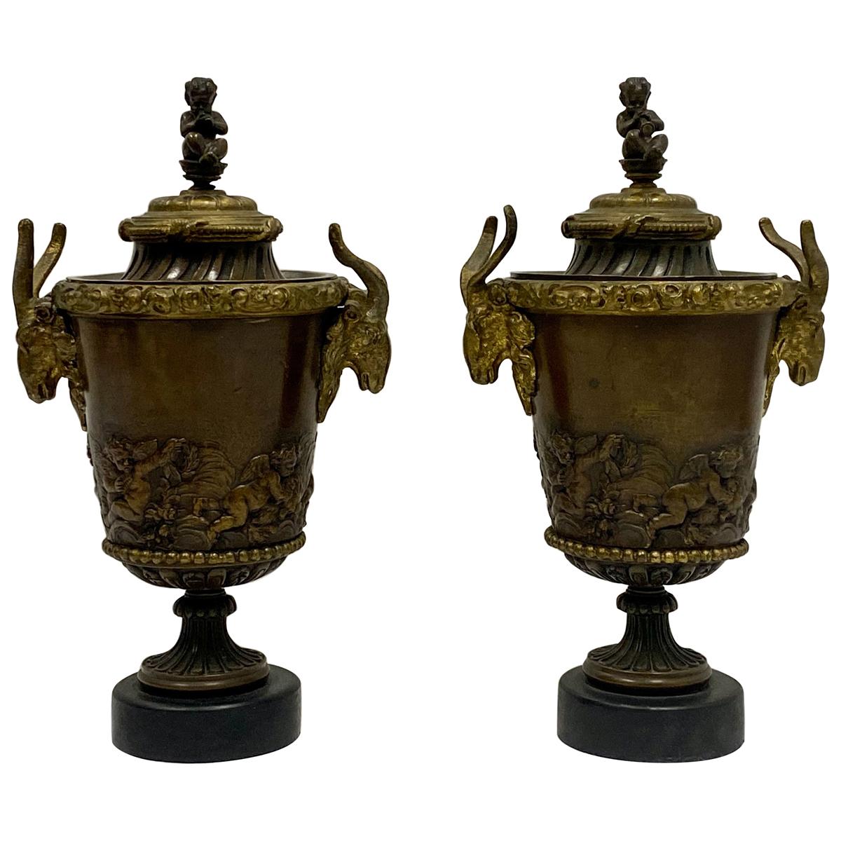 19th Century French Neoclassical Gilt Bronze and Marble Urns, a Pair