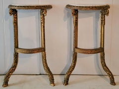 19th-C. French Neo-Classical Style Carved Ram Marble Top Console Tables, Pair