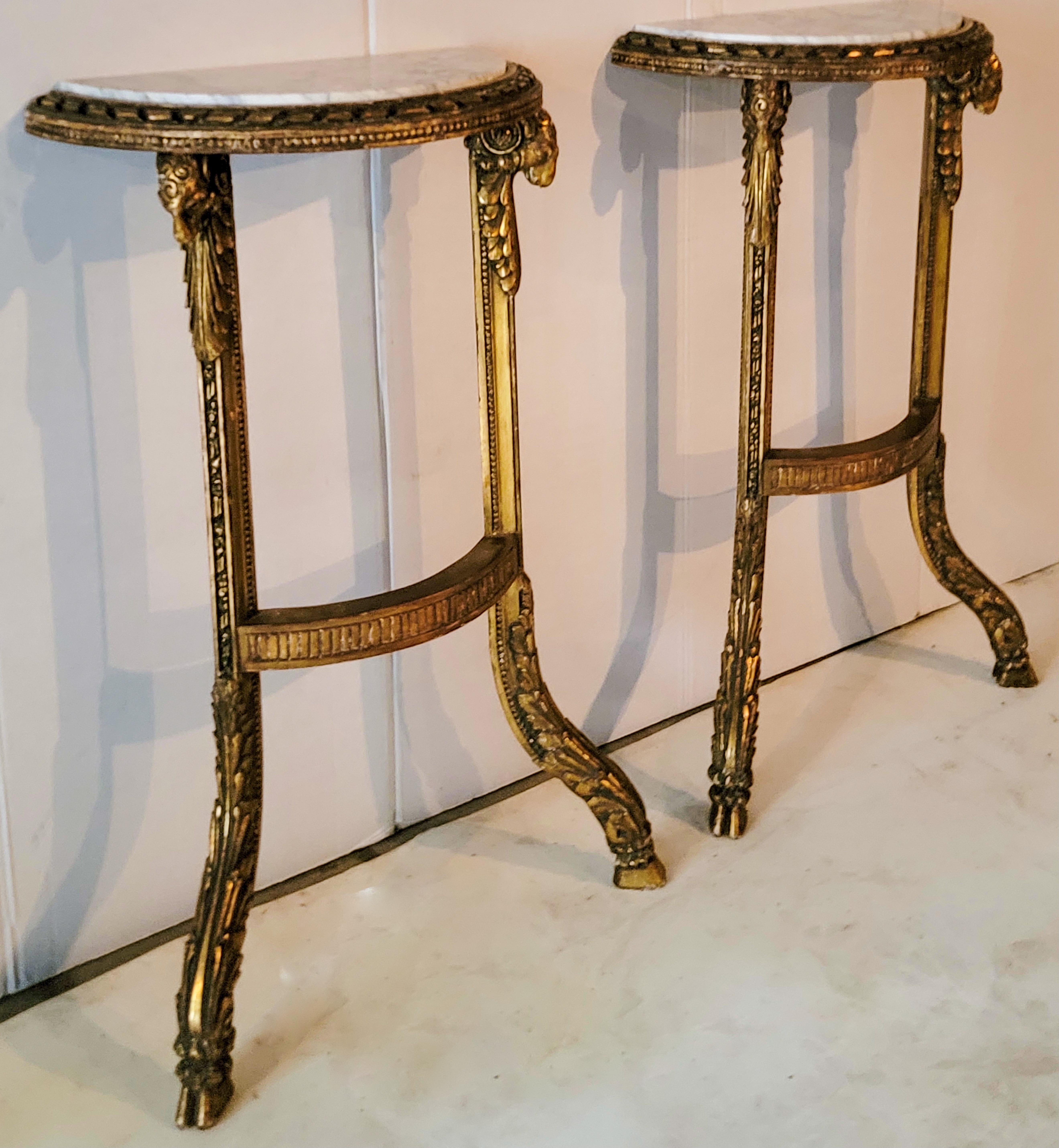 19th Century 19th-C. French Neo-Classical Style Carved Ram Marble Top Console Tables, Pair