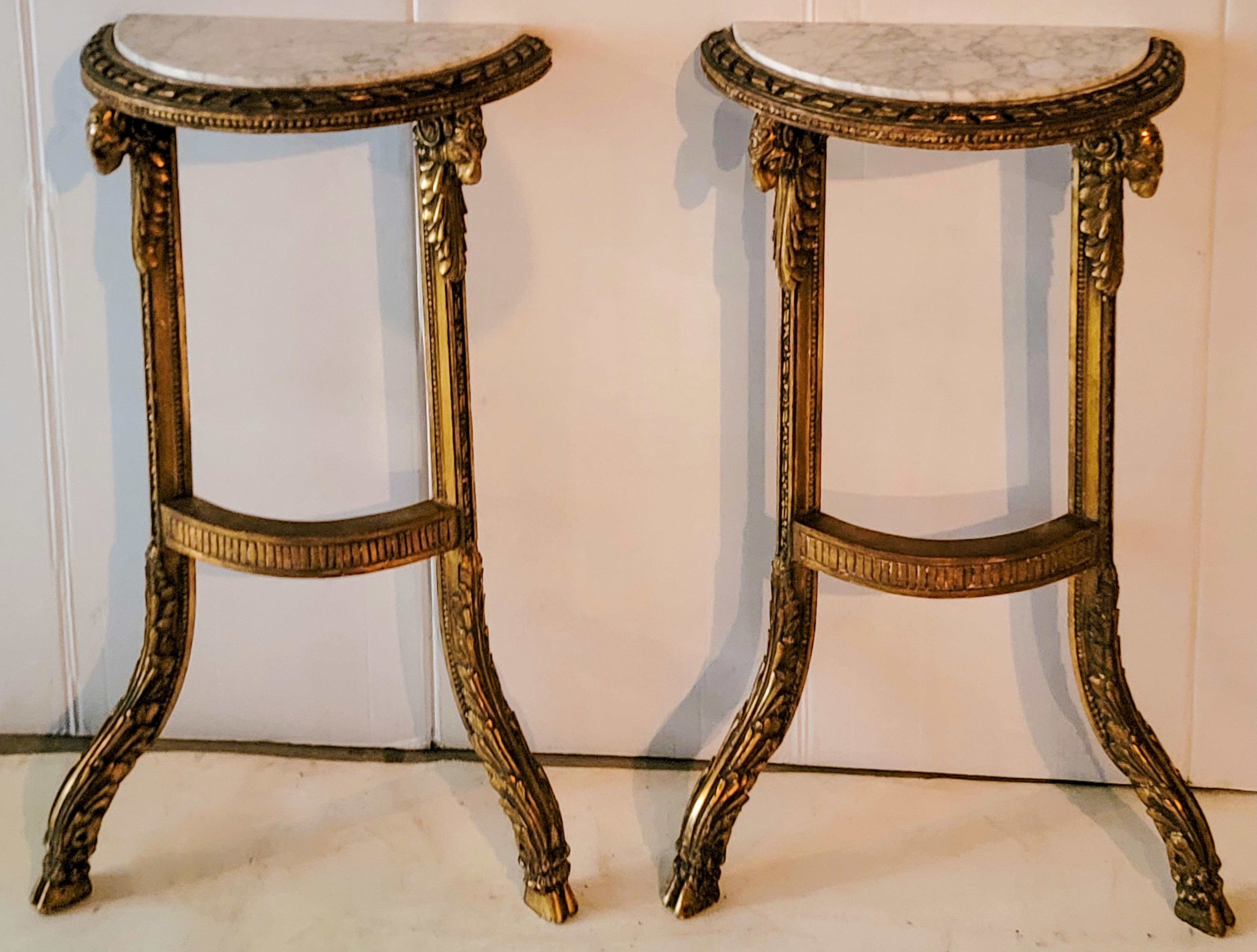 19th-C. French Neo-Classical Style Carved Ram Marble Top Console Tables, Pair 1