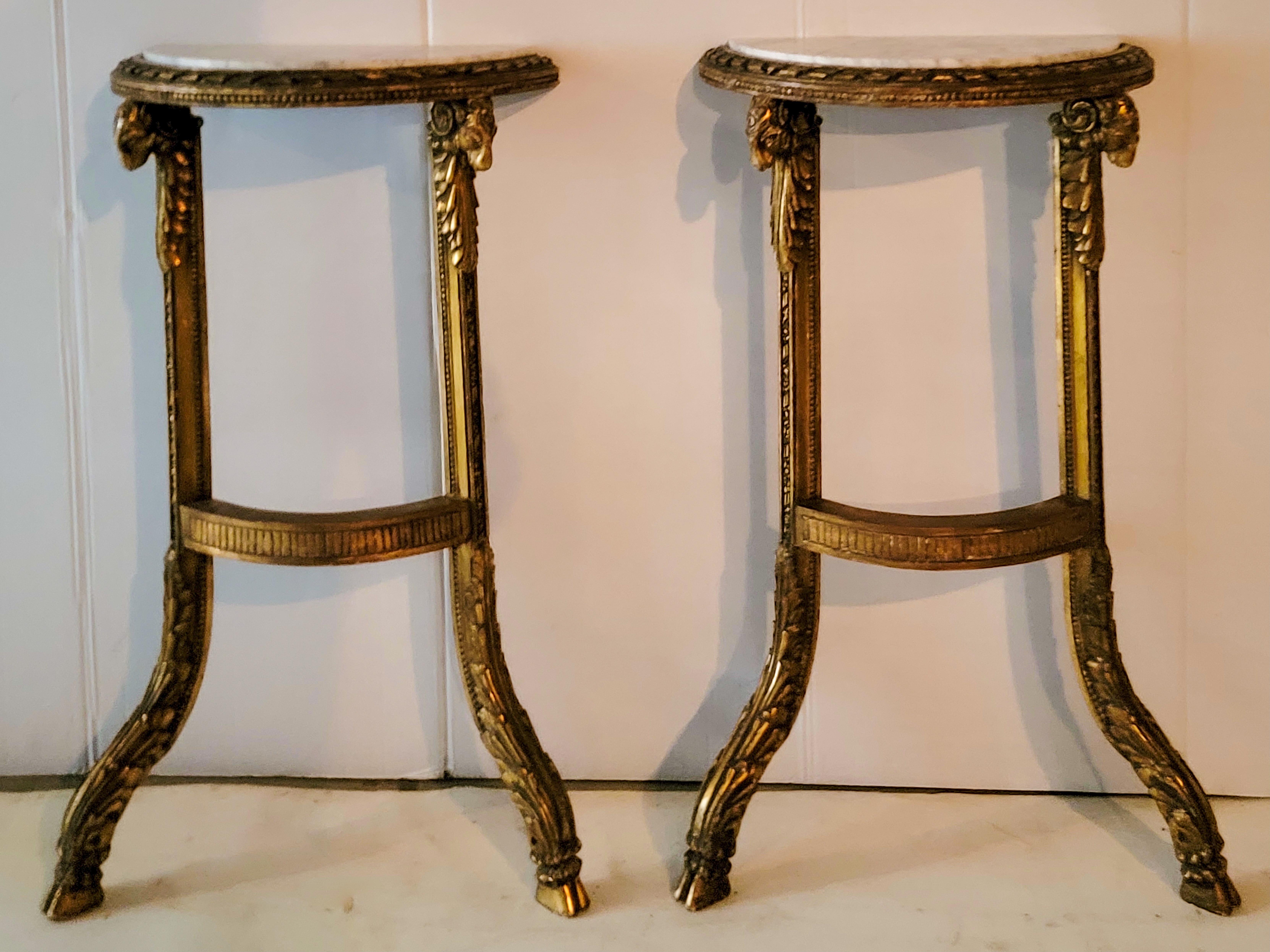 19th-C. French Neo-Classical Style Carved Ram Marble Top Console Tables, Pair 2
