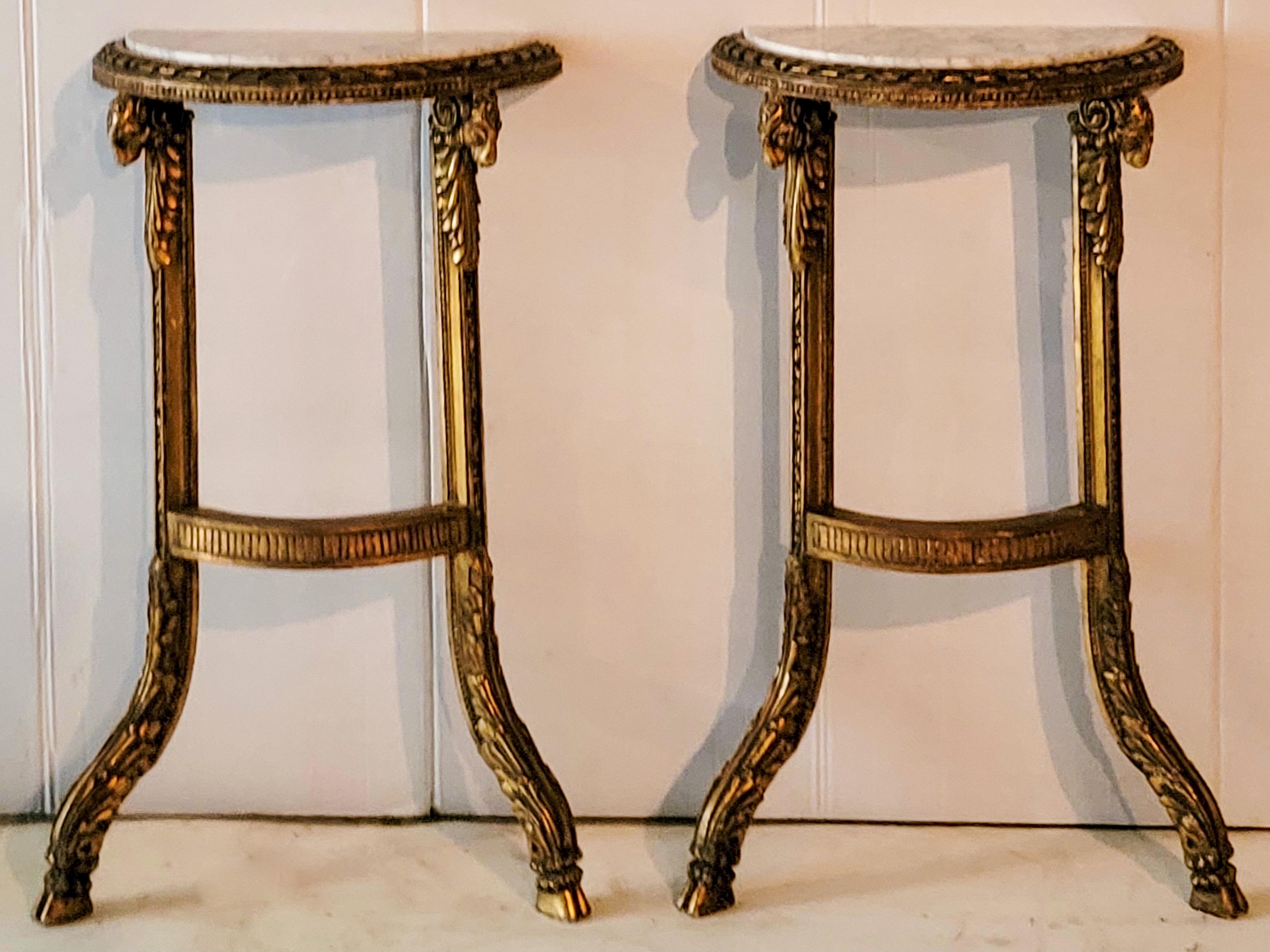 19th-C. French Neo-Classical Style Carved Ram Marble Top Console Tables, Pair 3