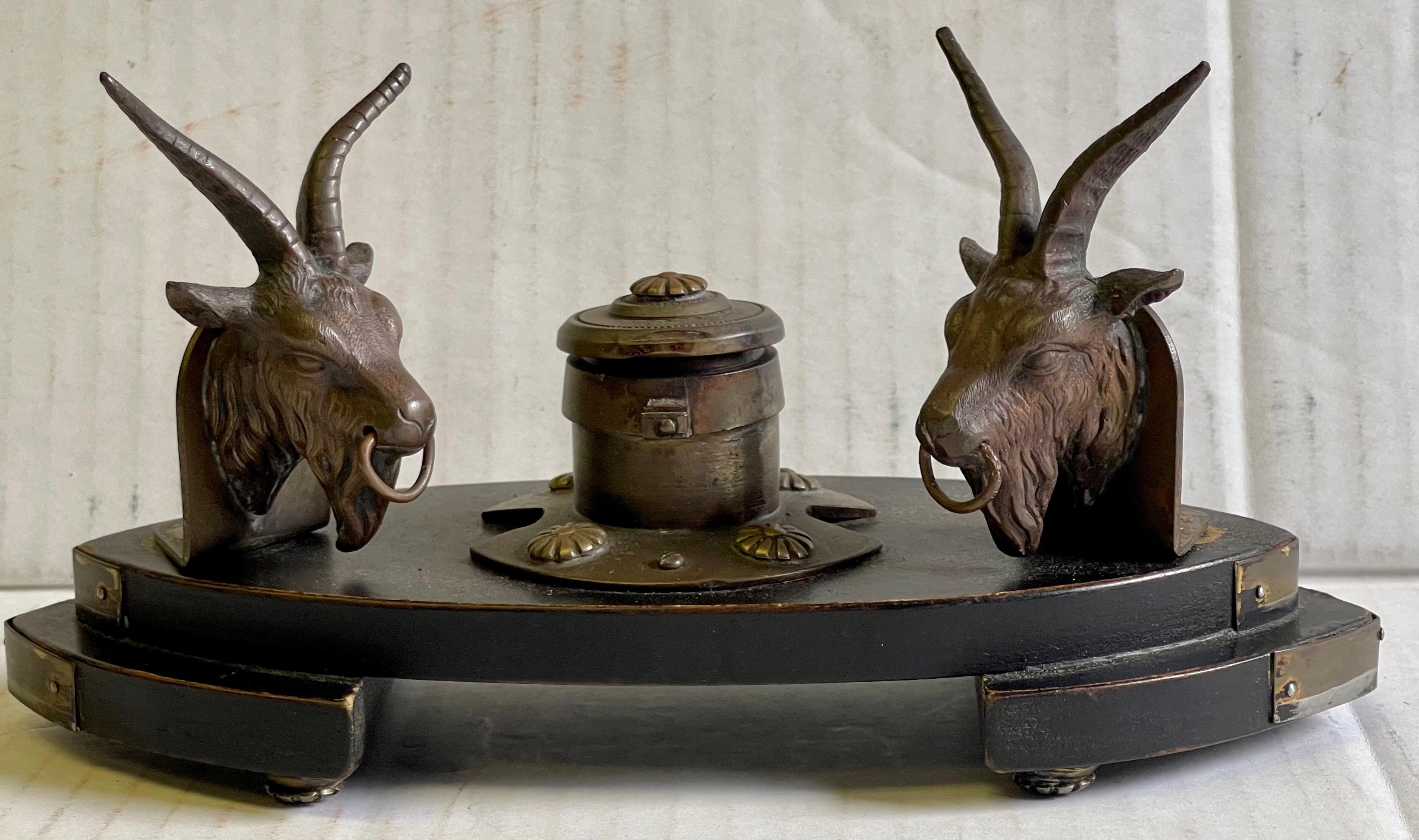 19th Century 19th-C. French Neo-Classical Style Gilt Bronze Ram Form Inkwell For Sale