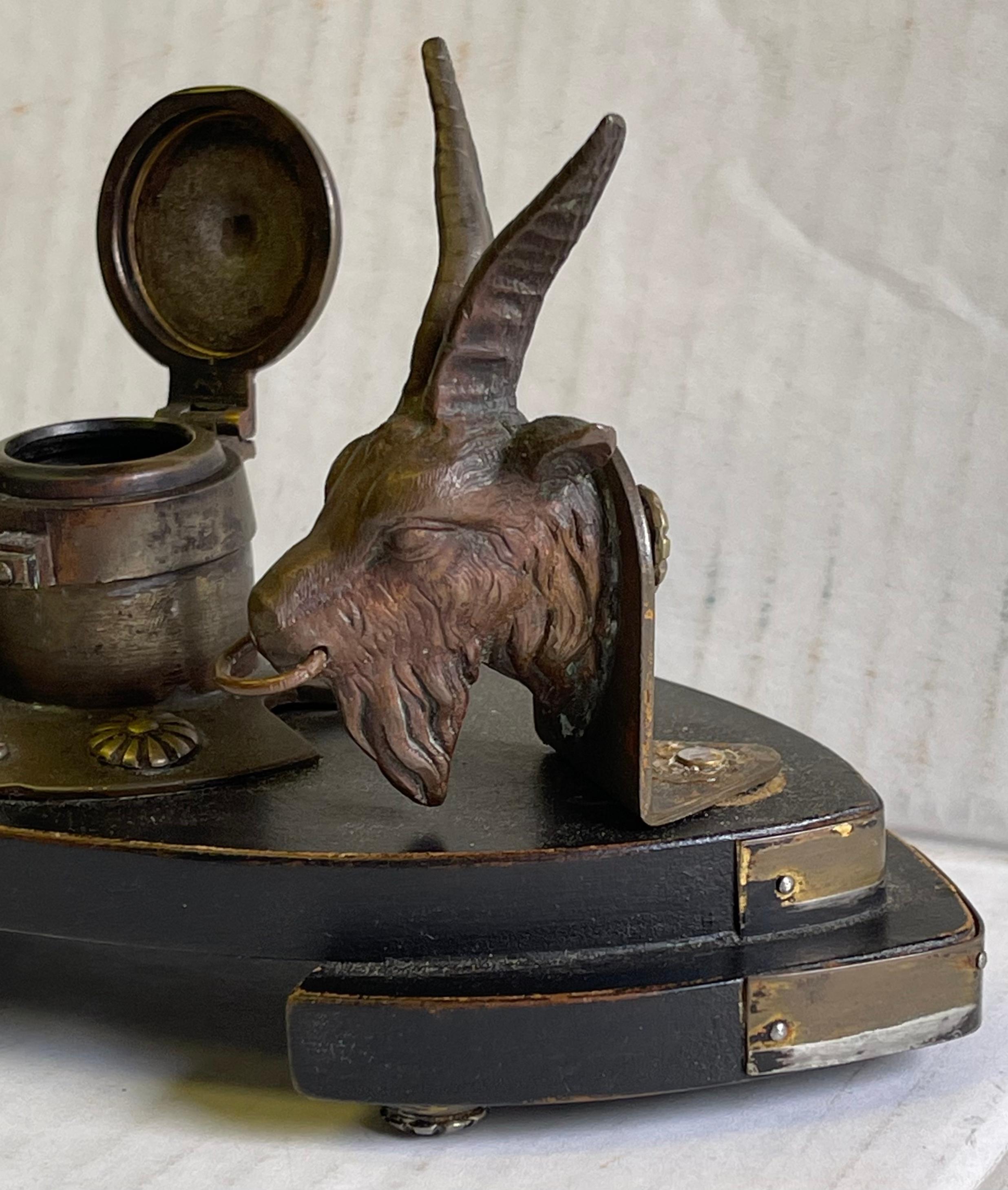 19th-C. French Neo-Classical Style Gilt Bronze Ram Form Inkwell For Sale 1